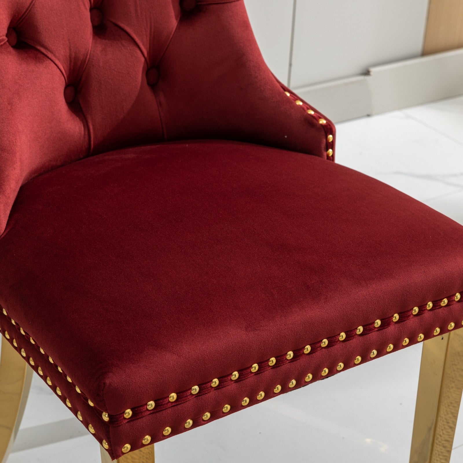 HAOYYE Nikki Collection Modern, High-end Tufted Solid Wood Contemporary Velvet Upholstered Dining Chair with Golden Stainless Steel Plating Legs,Nailhead Trim,Set of 2,Wine Red and Gold, SW1601WR,Burgundy