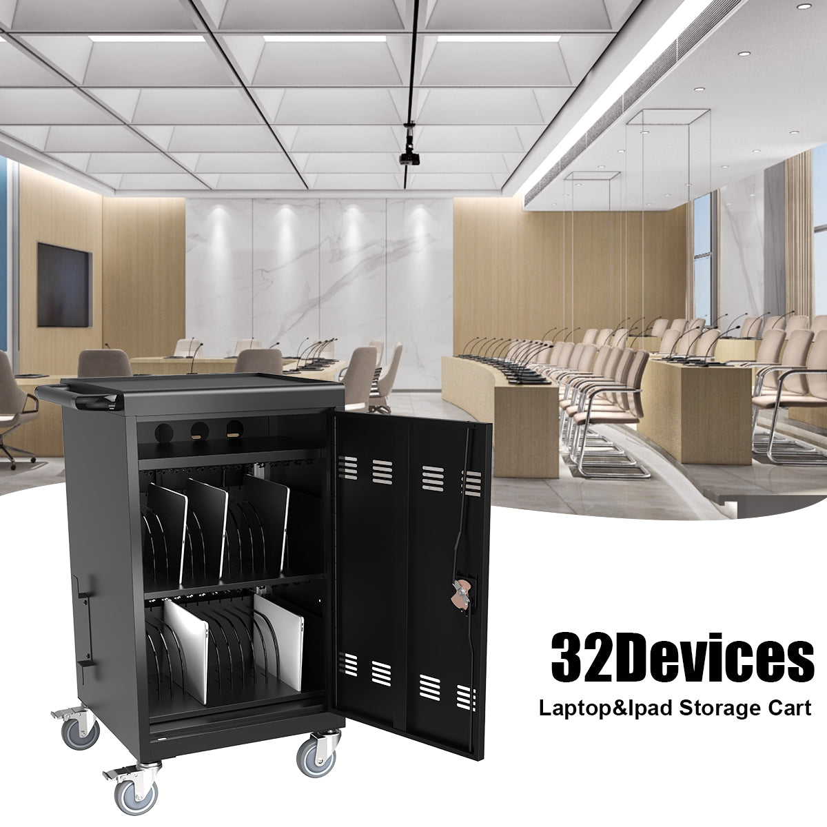 HAOYYE Mobile Charging Cart Station for 30+ Devices, Compatible with Chromebook, Tablet, and Laptop Computers, Includes Power Strip, Assembly Required, Black, Heavy Duty, Space-Saving, Modern Design, Easy Assembly
