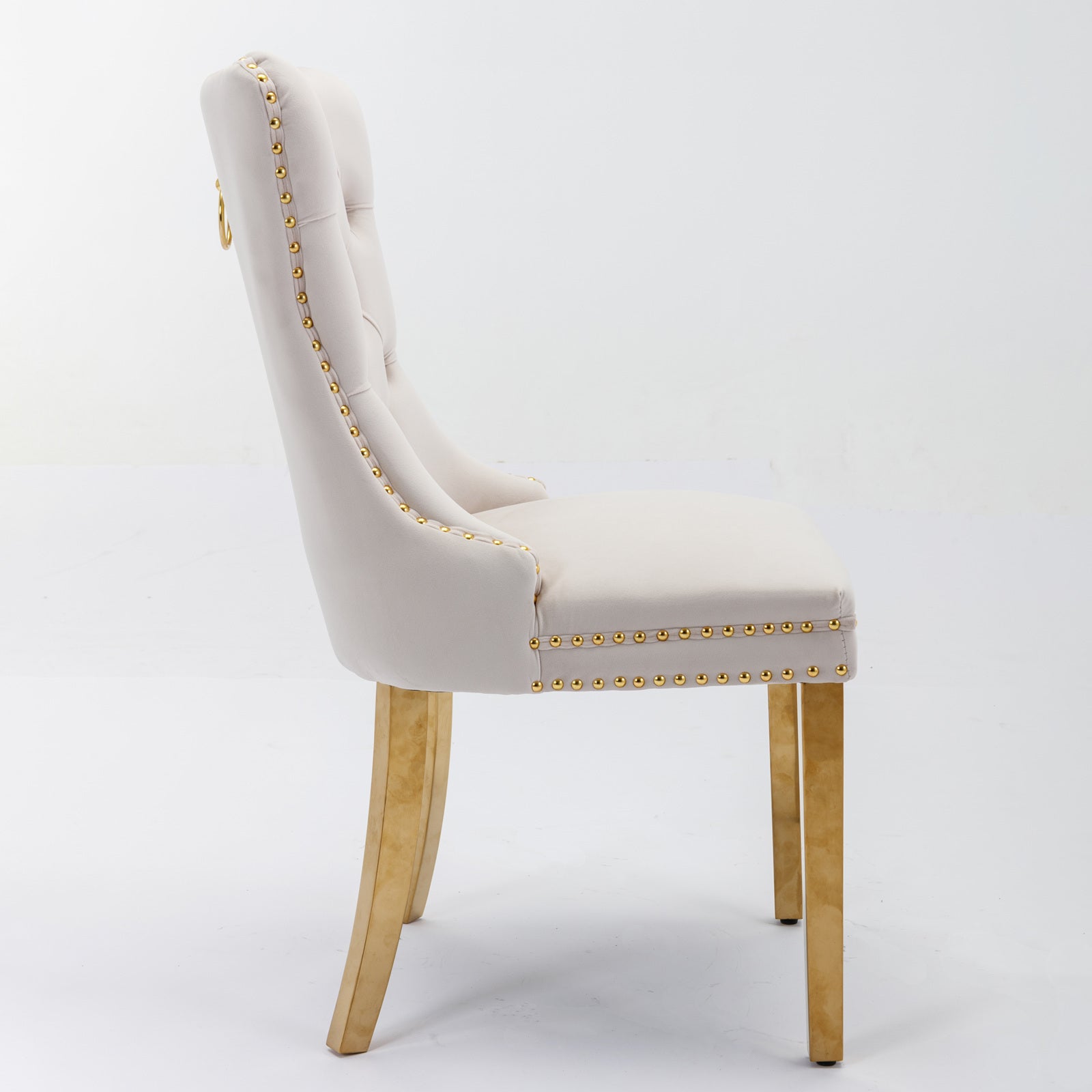 HAOYYE High-end Tufted Solid Wood Contemporary Velvet Upholstered Dining Chair with Golden Stainless Steel Plating Legs,Nailhead Trim,Set of 2,Beige and Gold, SW1601BG