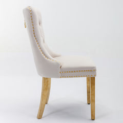 HAOYYE High-end Tufted Solid Wood Contemporary Velvet Upholstered Dining Chair with Golden Stainless Steel Plating Legs,Nailhead Trim,Set of 2,Beige and Gold, SW1601BG