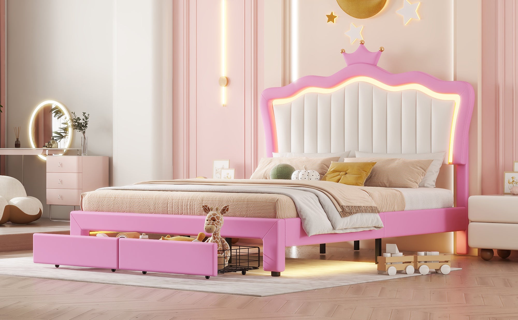 HAOYYE Full Size Upholstered Bed Frame With LED Lights, Modern Princess Bed With Crown Headboard And 2 Drawers, Pink And White, Sturdy Space-Saving Heavy Duty Design For Adults And Dorm Rooms