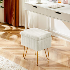 HAOYYE White Faux Fur Vanity Stool Chair With Storage, Soft Padded Makeup Ottoman Seat, 4 Sturdy Metal Legs With Anti-Slip Adjustable Feet, Modern Space-Saving Design For Adults, Suitable For Bedroom Or Dressing Room