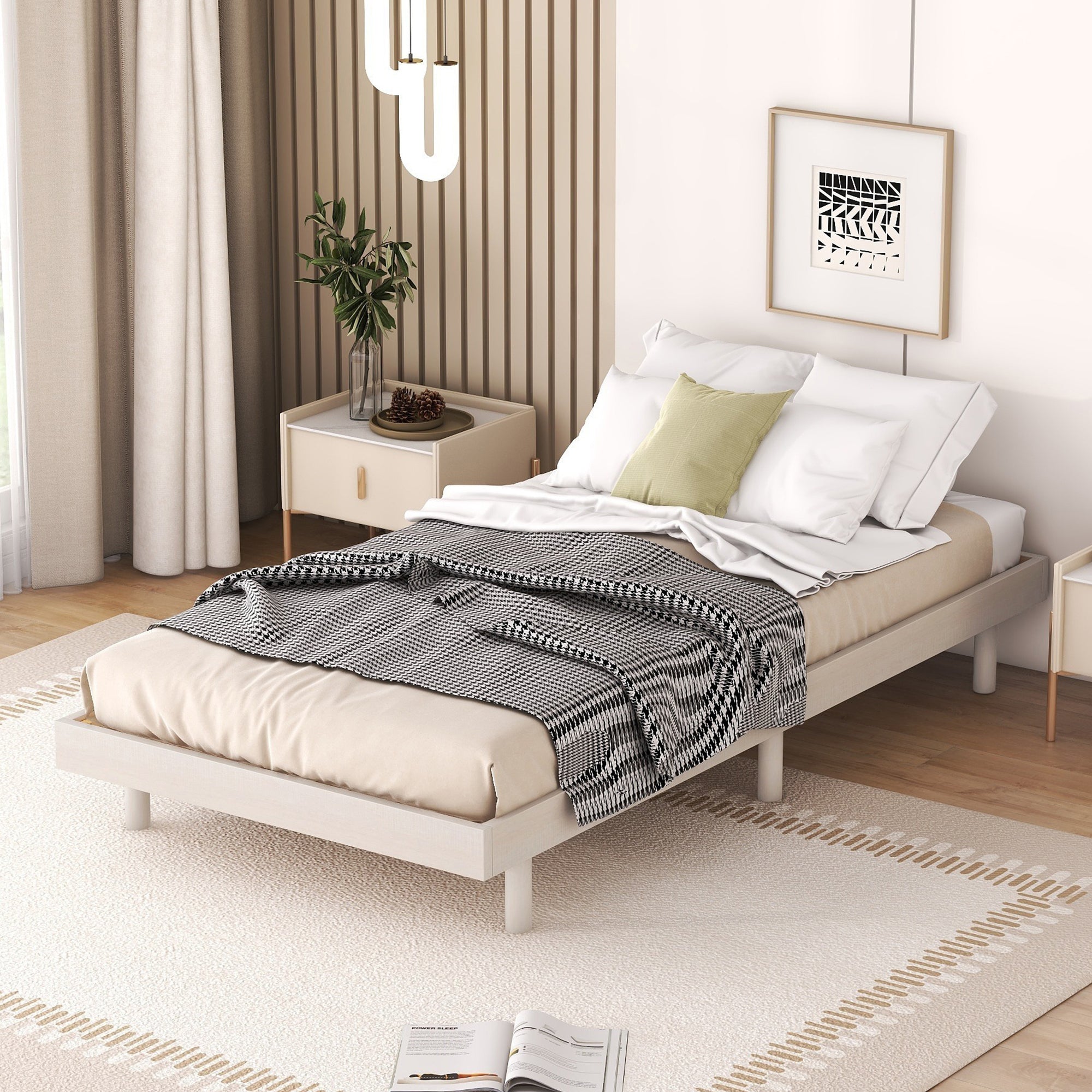 HAOYYE Modern Design Twin Size Floating Platform Bed Frame for White Washed Color Sturdy Space-Saving Heavy Duty Easy Assembly Durable Stylish Home Furniture Versatile