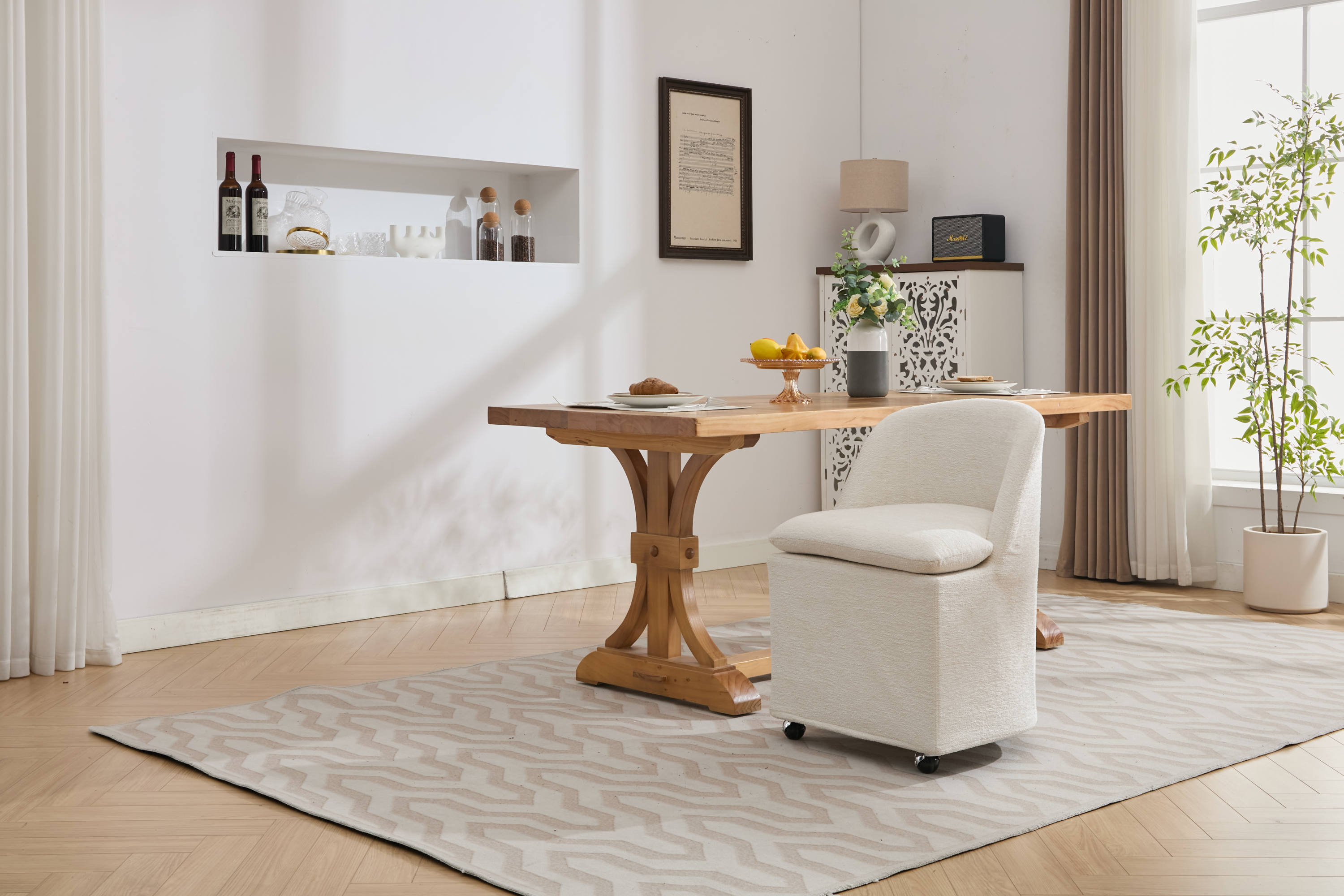 HAOYYE 058-Set of 2 Chenille Fabric Dining Chairs With Universal Wheels,Beige Sturdy Space-Saving Heavy Duty Modern Design Adults Dorm Room Easy Assembly Bedroom Furniture