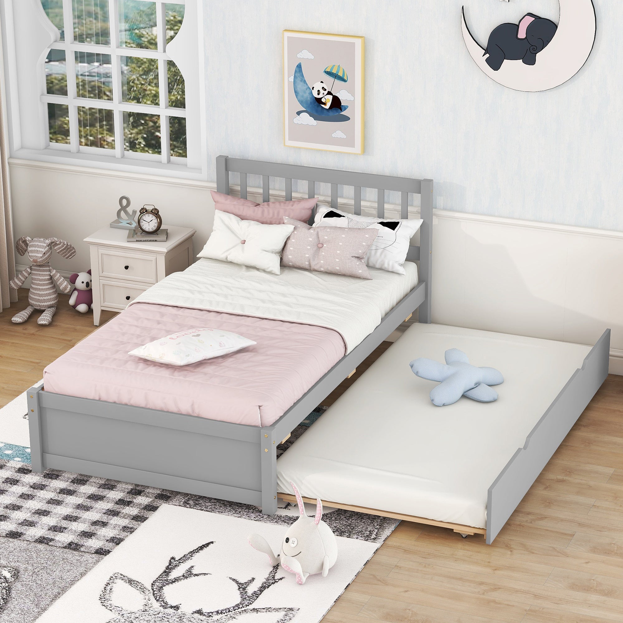 HAOYYE Modern Design Wooden Twin Size Platform Bed Frame with Trundle for Grey Color Sturdy Space-Saving Heavy Duty Easy Assembly Durable Stylish Home Furniture Versatile