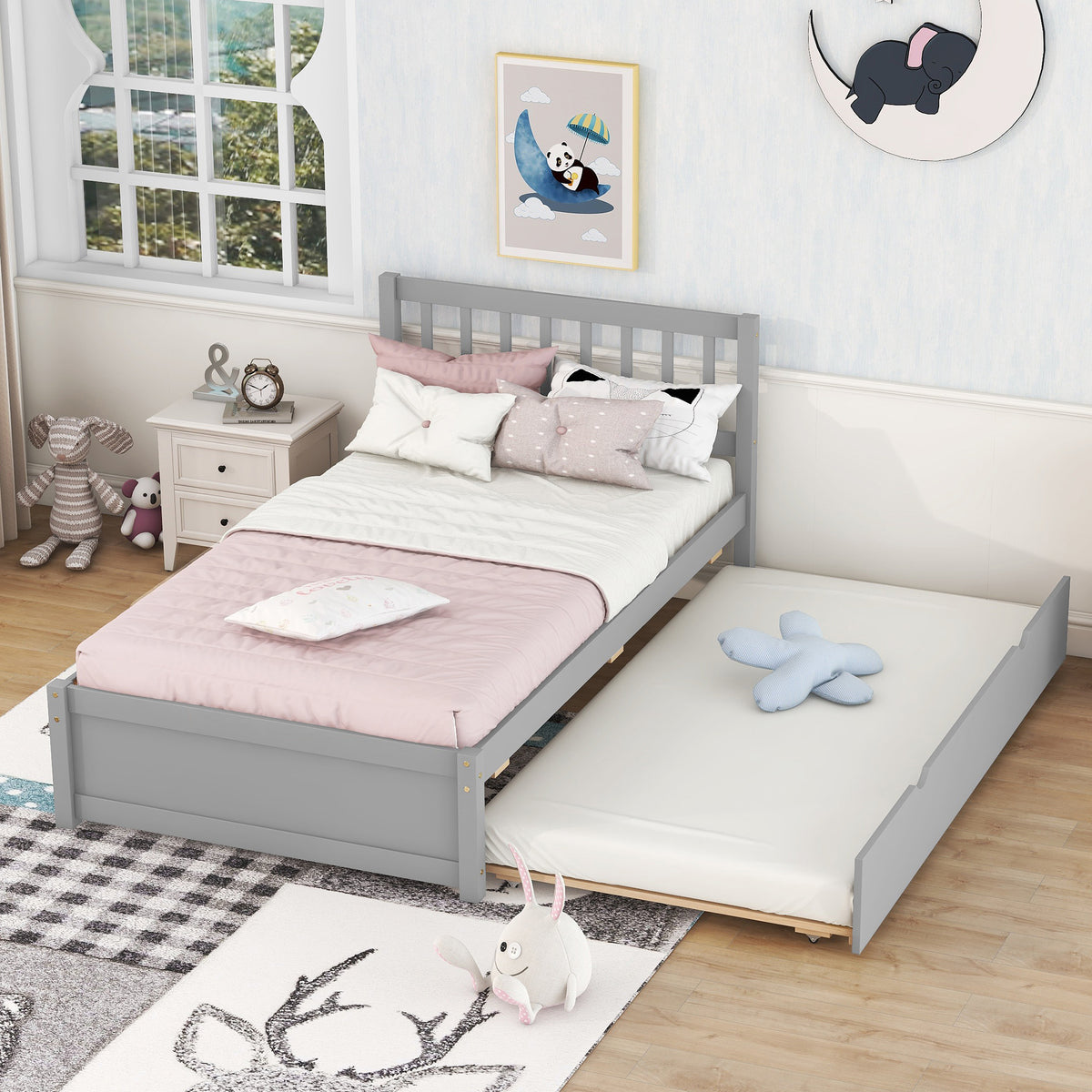 HAOYYE Modern Design Wooden Twin Size Platform Bed Frame with Trundle for Grey Color Sturdy Space-Saving Heavy Duty Easy Assembly Durable Stylish Home Furniture Versatile