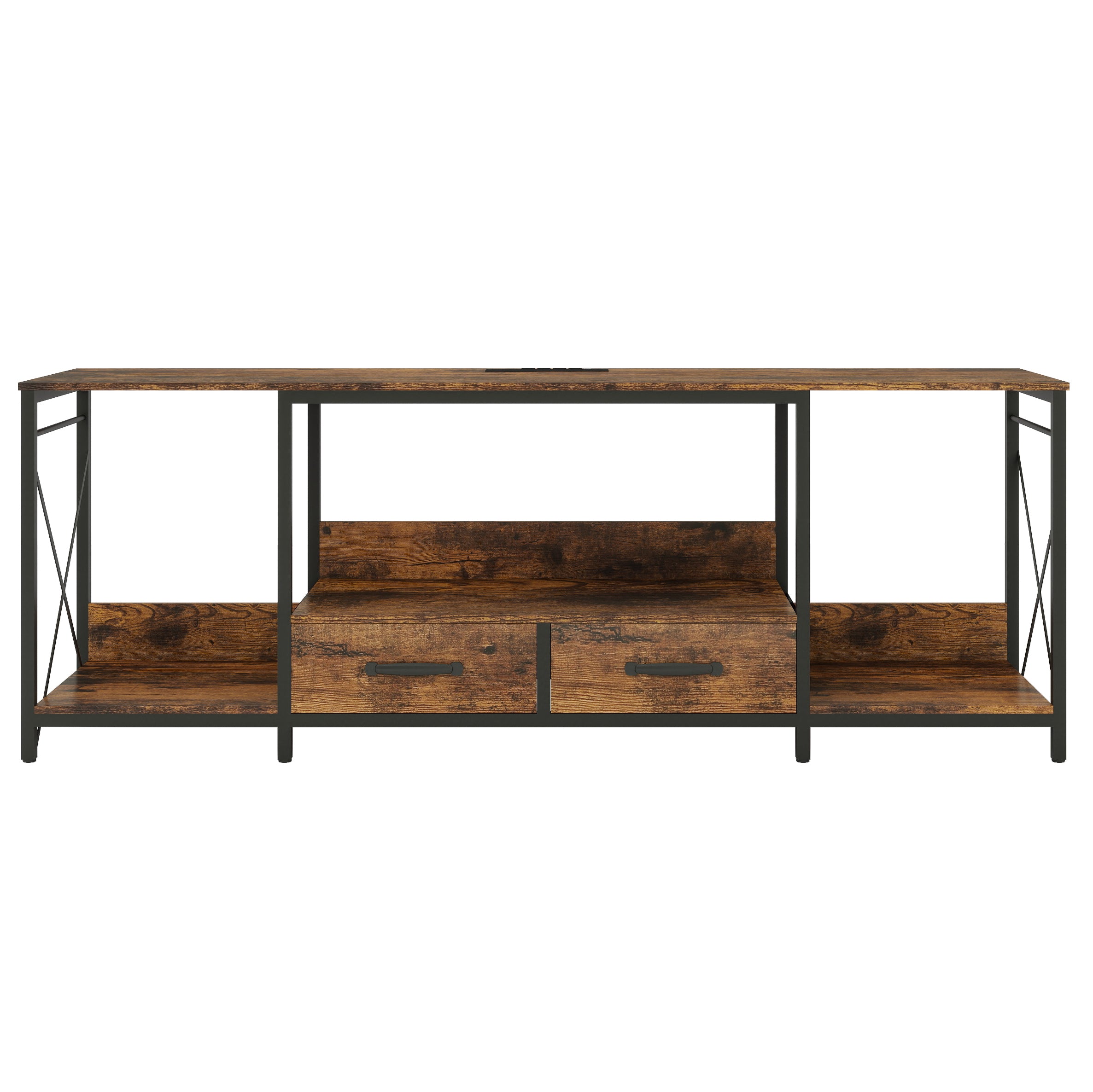HAOYYE TV Stand with LED Lights and Power Outlets, TV Console with Fabric Drawers for 65-75 Inch TVs, Industrial Entertainment Center with Open Storage Shelves, Modern TV Stand for Living Room, Bedroom
