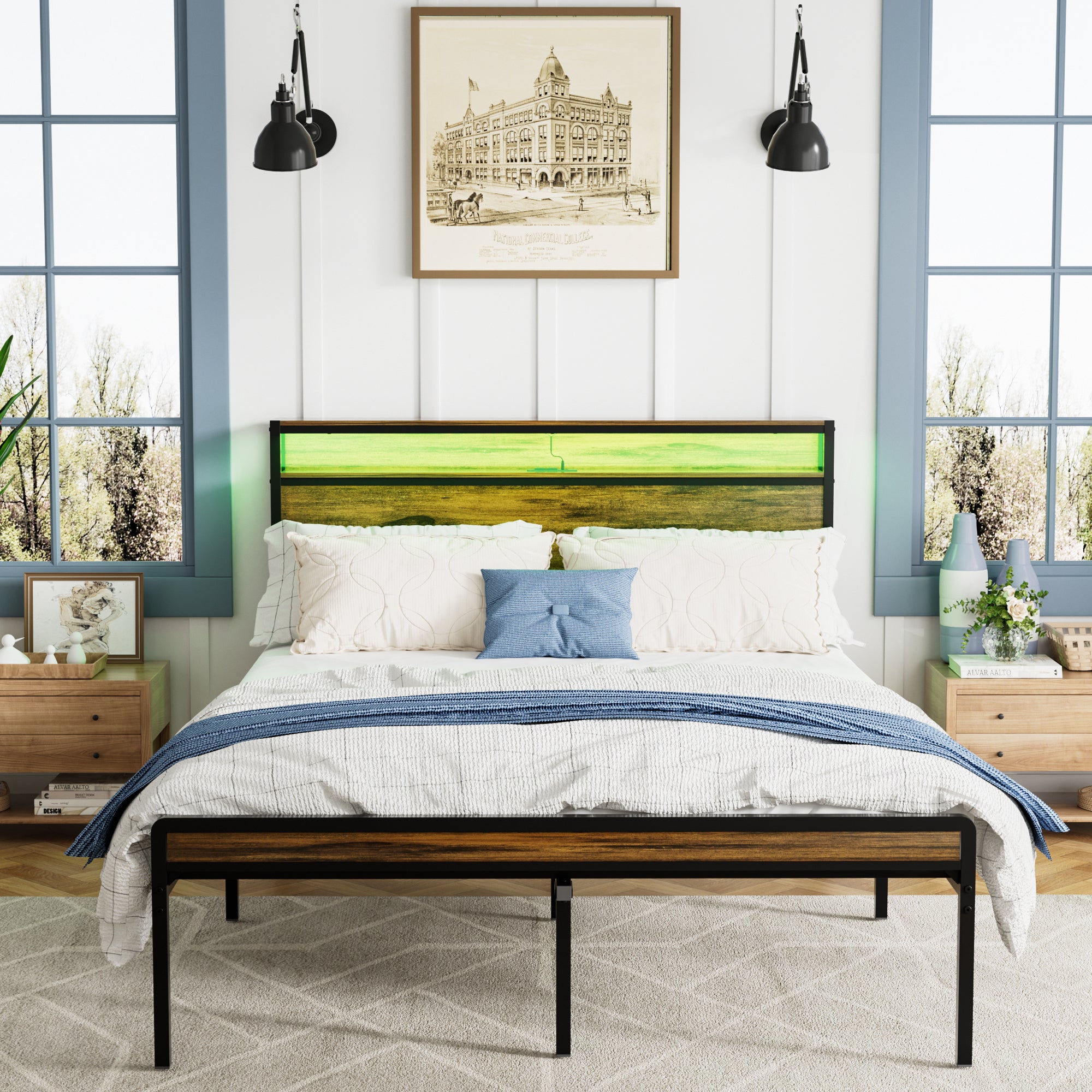 HAOYYE Queen Size Bed Frame, Storage Headboard with LED light, Charging Station, Solid and Stable, Noise Free, No Box Spring Needed, Easy Assembly, Vintage Brown Sturdy Space-Saving Heavy Duty Modern Design