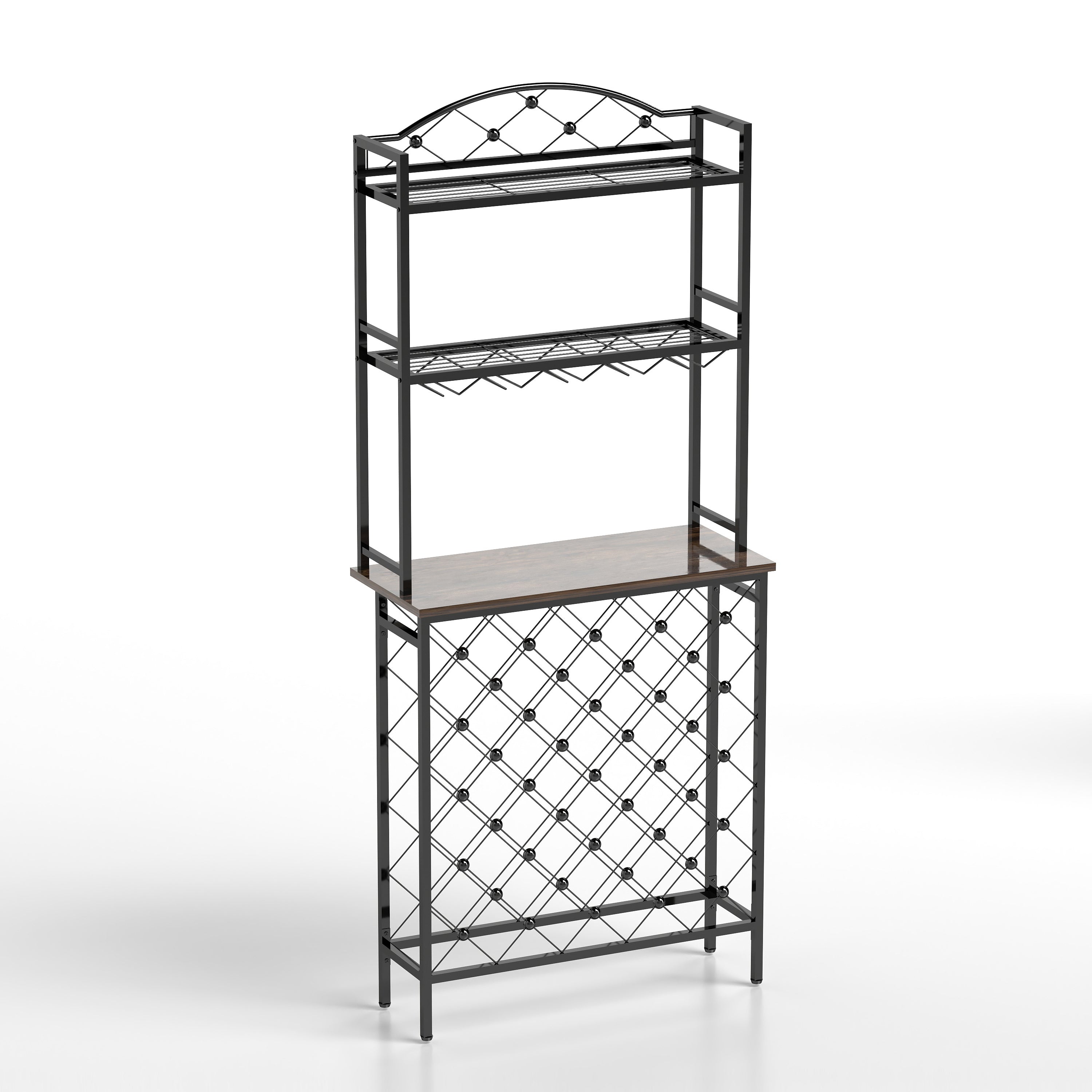 HAOYYE Industrial Wine Rack Bar Table, 3-Tier Liquor Bottle and Glass Holder with Storage Shelves, Metal and Wood Wine Organizer for Home Kitchen, Dining Room, and Living Room Sturdy Space-Saving Heavy Duty