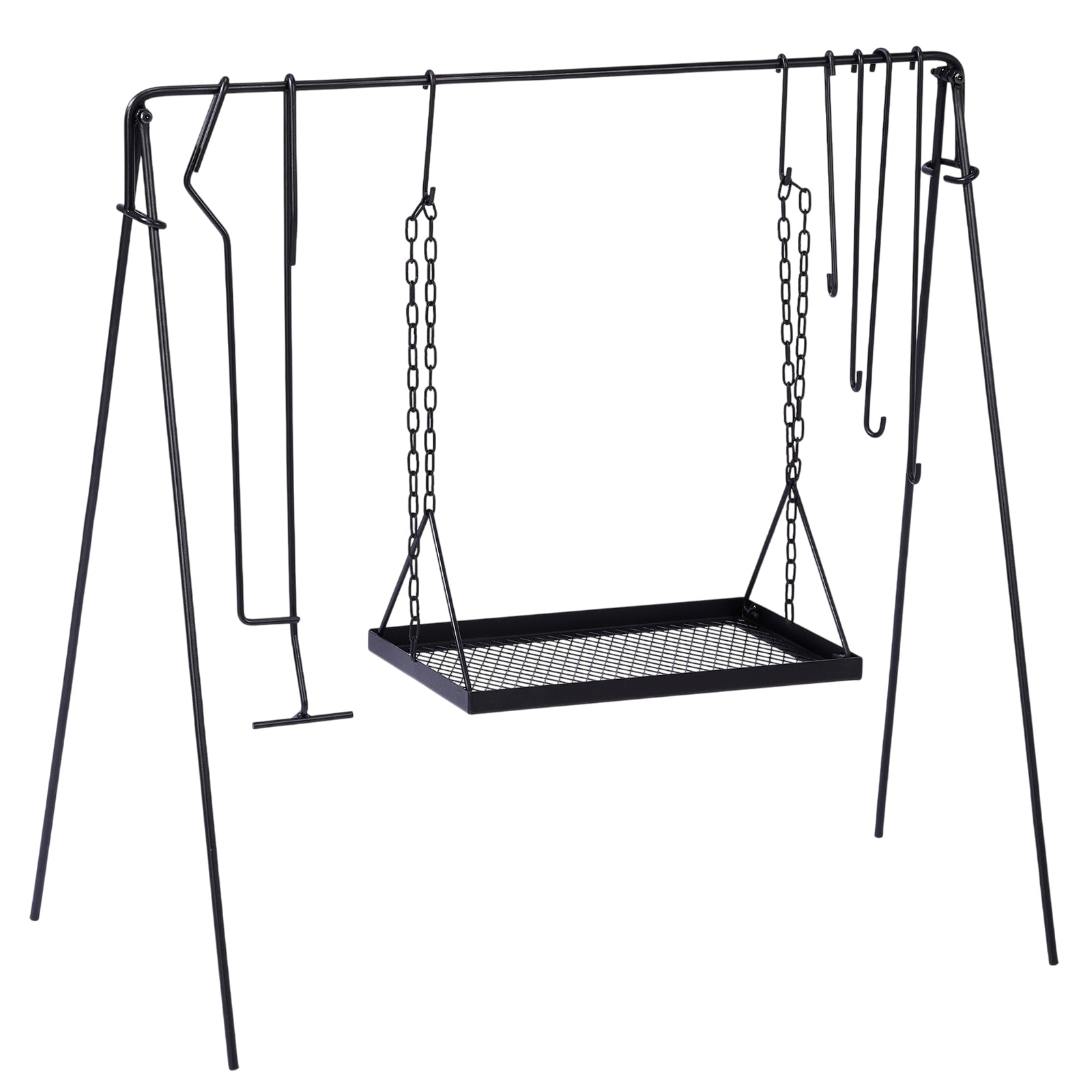 HAOYYE Portable Grill Swing Campfire Grill Stand with Iron Grill Grate Collapsible Outdoor Cooking Rack with Adjustable Chains Six Hooks and Carry Bag Perfect for Camping Bonfires Backyard Cooking Dutch Oven and Cookware