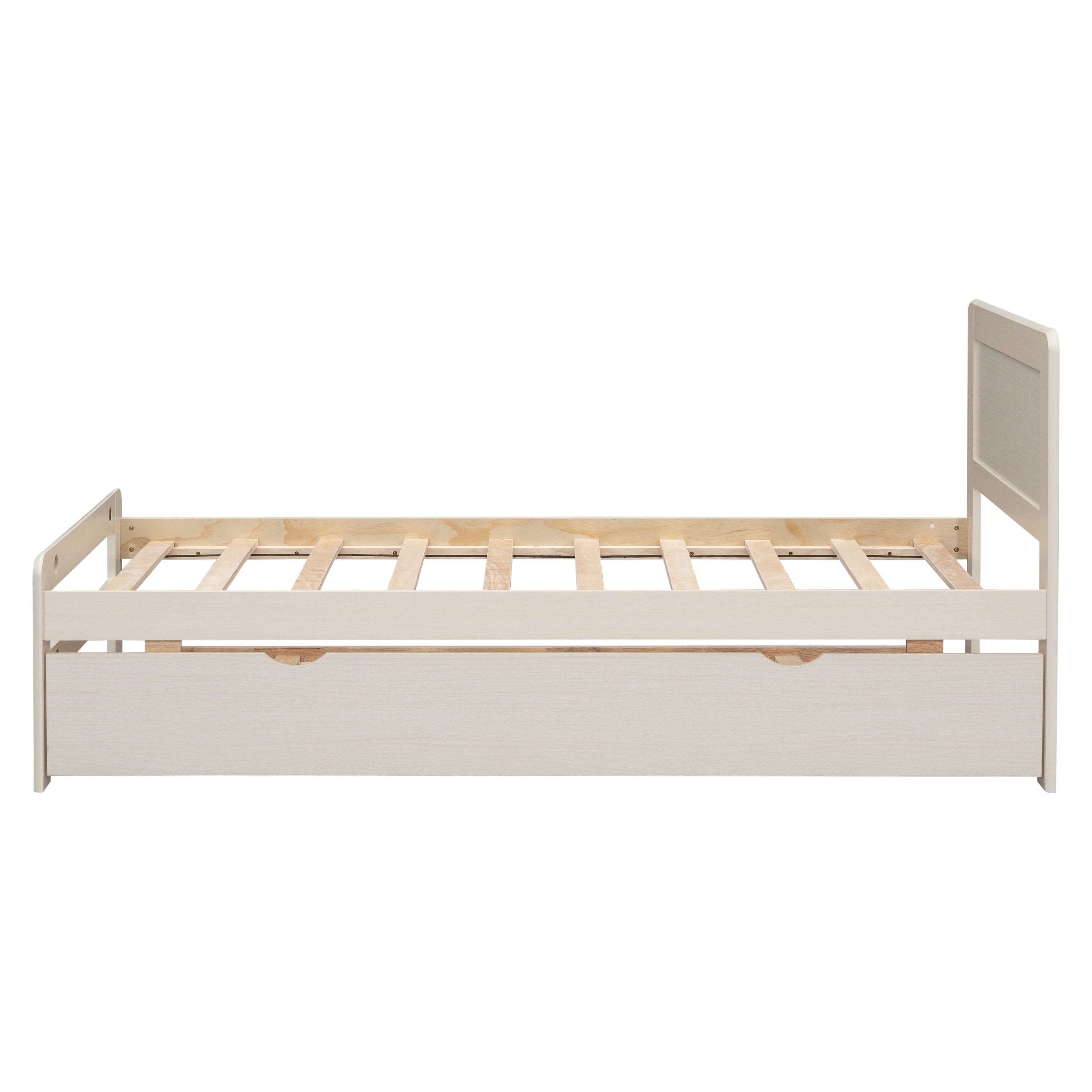 HAOYYE Modern Design Twin Size Platform Bed Frame with Trundle for White Washed Color Sturdy Space-Saving Heavy Duty Easy Assembly Durable Stylish Home Furniture Versatile