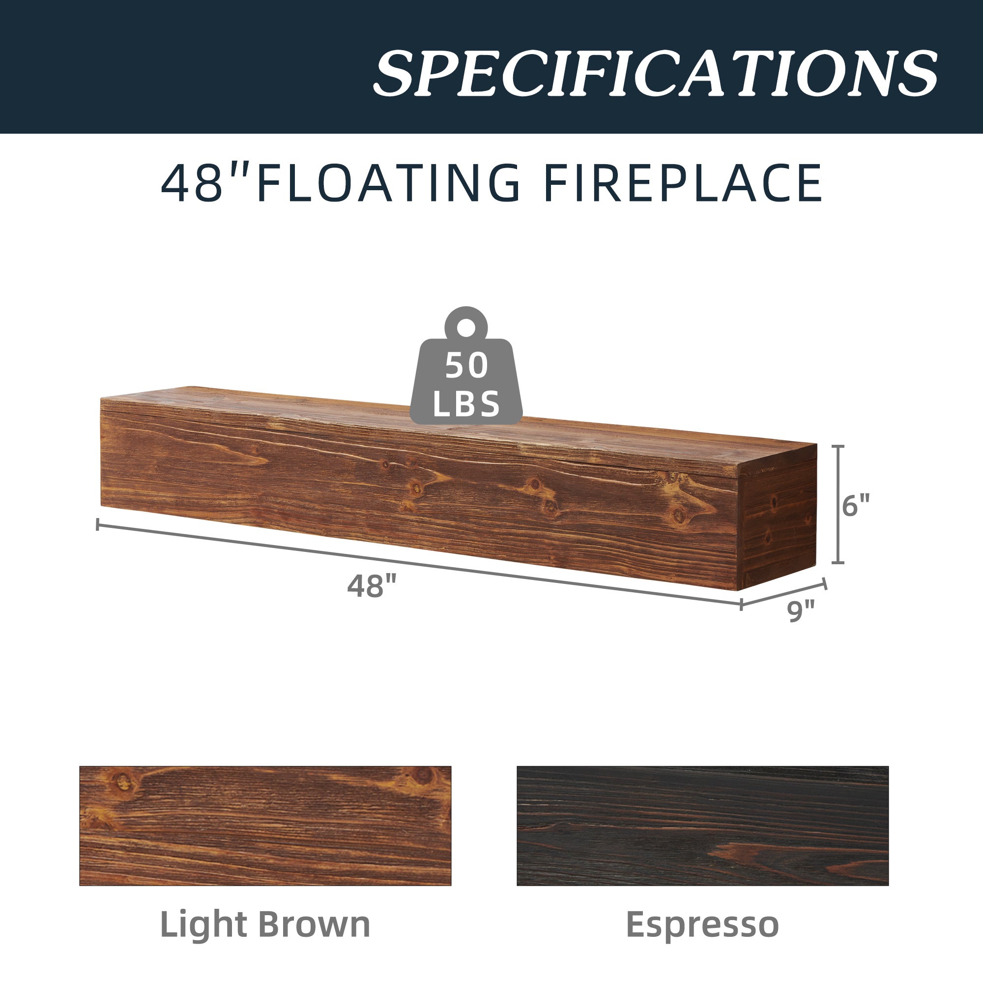 HAOYYE 48" Rustic Wood Fireplace Mantel , Wall-Mounted & Floating Shelf for Home Decor Sturdy Space-Saving Heavy Duty Modern Design Adults Dorm Room Easy Assembly Bedroom Furniture