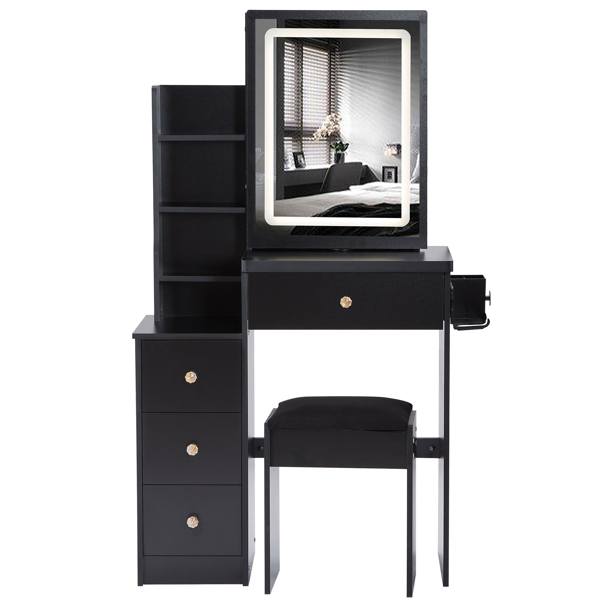 HAOYYE Small Size Left Bedside Cabinet Vanity Table + Cushioned Stool, 2 AC+2 USB Power Station, Hair dryer bracket, Extra Large Touch Control Sliding LED Mirror, Tri-color Switching, EPA,GCC,UL Certificate