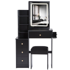 HAOYYE Small Size Left Bedside Cabinet Vanity Table + Cushioned Stool, 2 AC+2 USB Power Station, Hair dryer bracket, Extra Large Touch Control Sliding LED Mirror, Tri-color Switching, EPA,GCC,UL Certificate