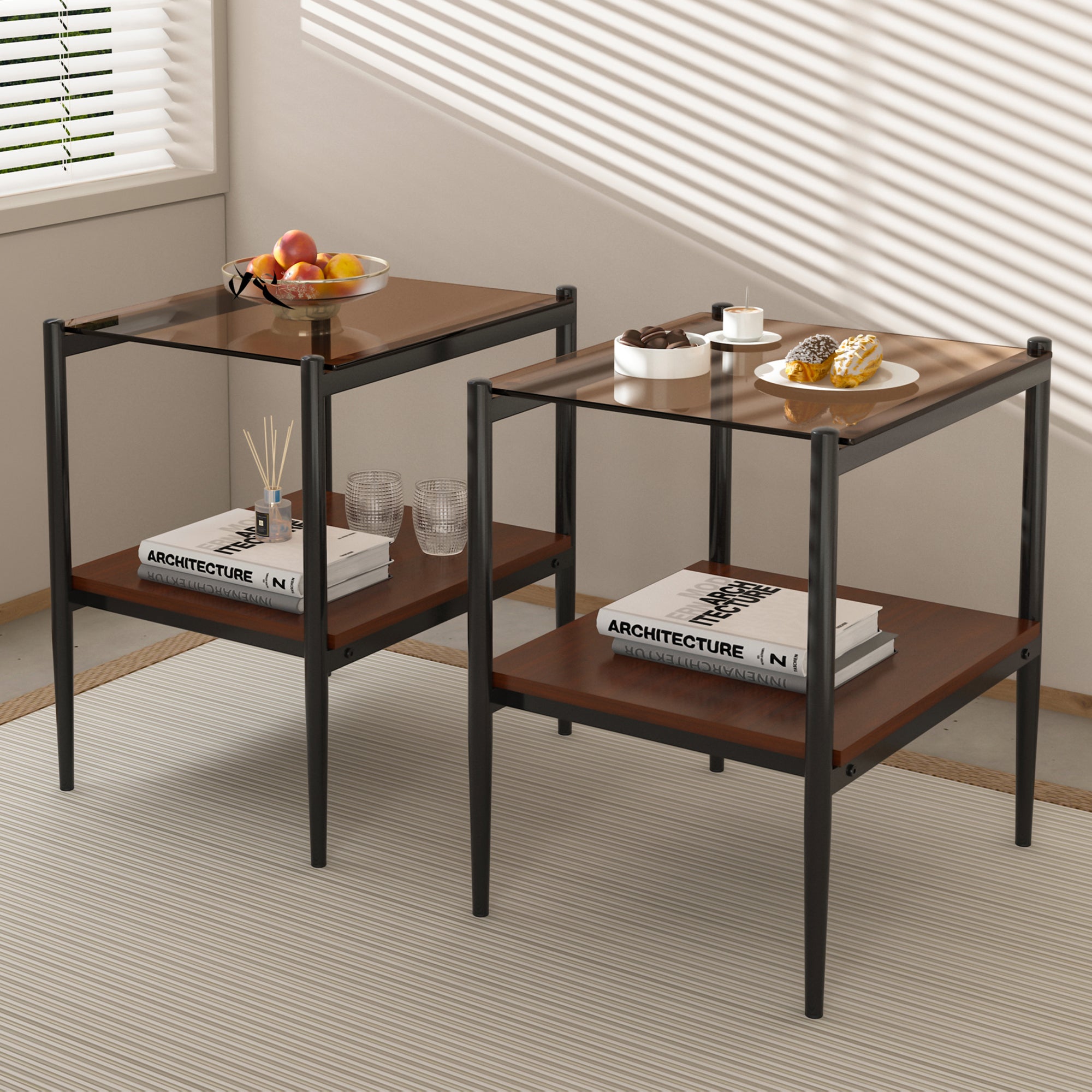 HAOYYE Modern Rectangle End Table Set of 2, Tempered Glass Tabletop With MDF Layer, Sturdy Space-Saving Heavy Duty Side Table For Living Room, Brown Finish, Easy Assembly