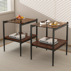 HAOYYE Modern Rectangle End Table Set of 2, Tempered Glass Tabletop With MDF Layer, Sturdy Space-Saving Heavy Duty Side Table For Living Room, Brown Finish, Easy Assembly