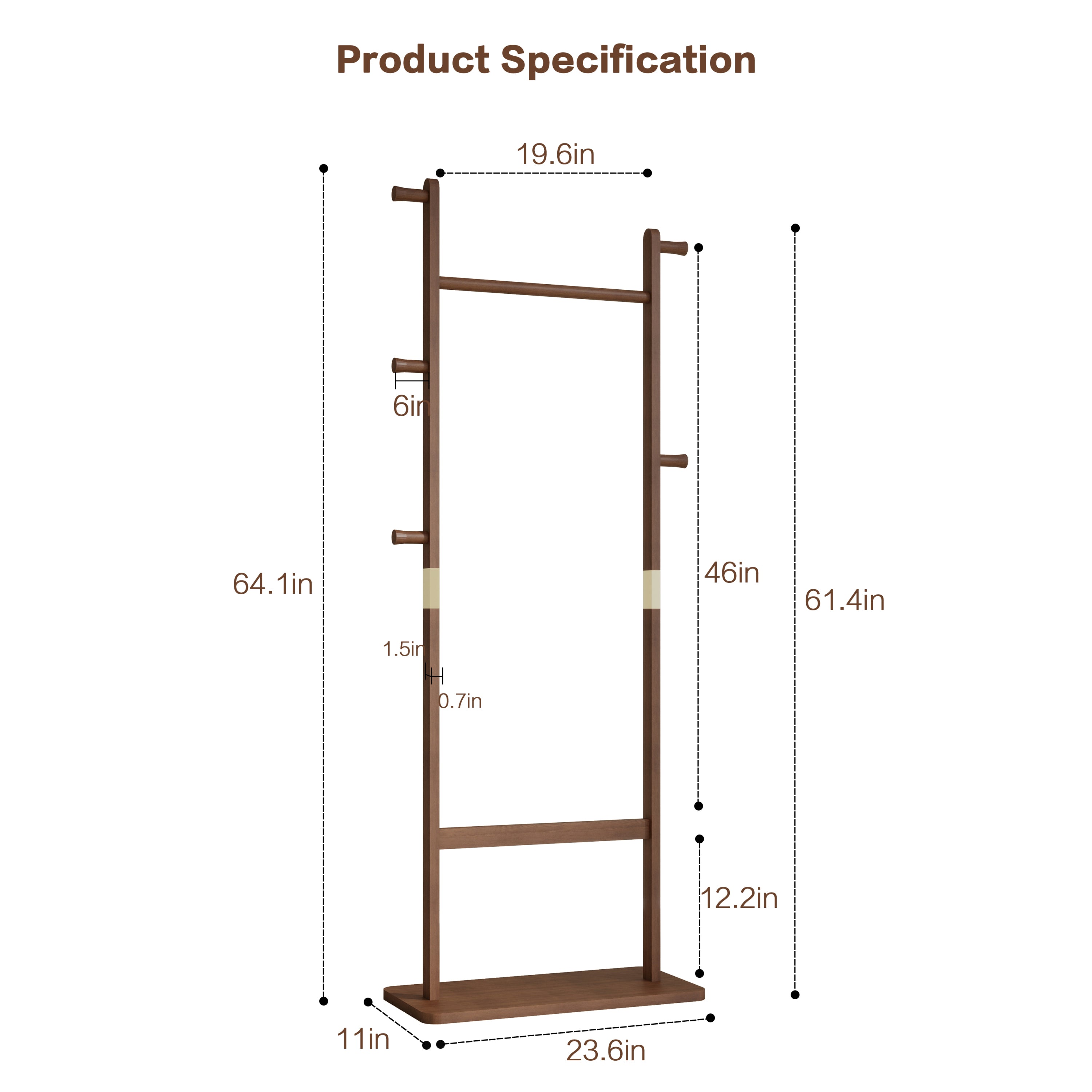 HAOYYE Solid Wood Coat Rack, Freestanding Hanger with Natural Walnut Finish, Space-Saving and Durable Design for Bedroom, Entrance, or Living Room, Easy Assembly