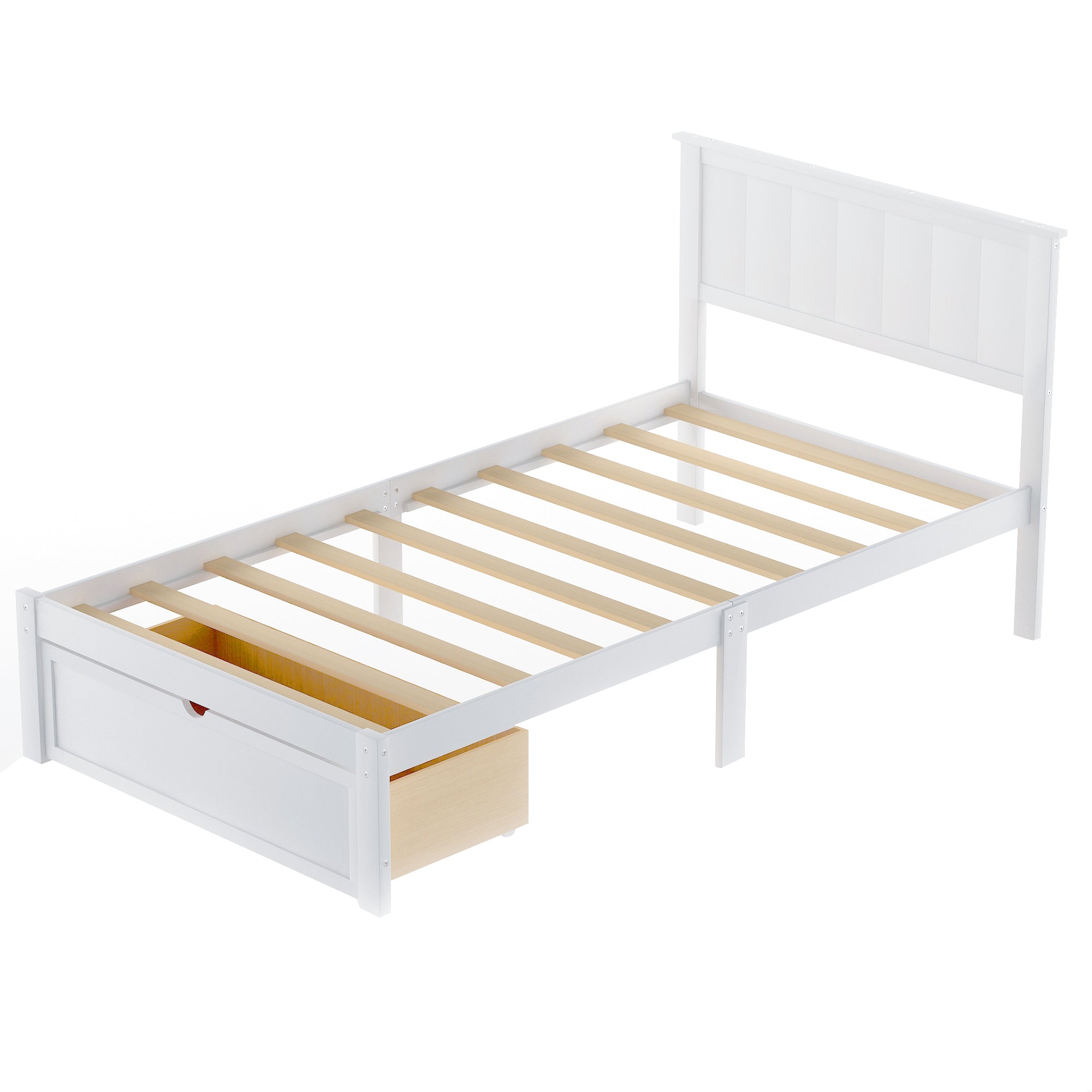 HAOYYE Modern Twin Platform Bed with Under-bed Drawer, White Sturdy Space-Saving Heavy Duty Design, Easy Assembly Bedroom Furniture for Dorms and Adults