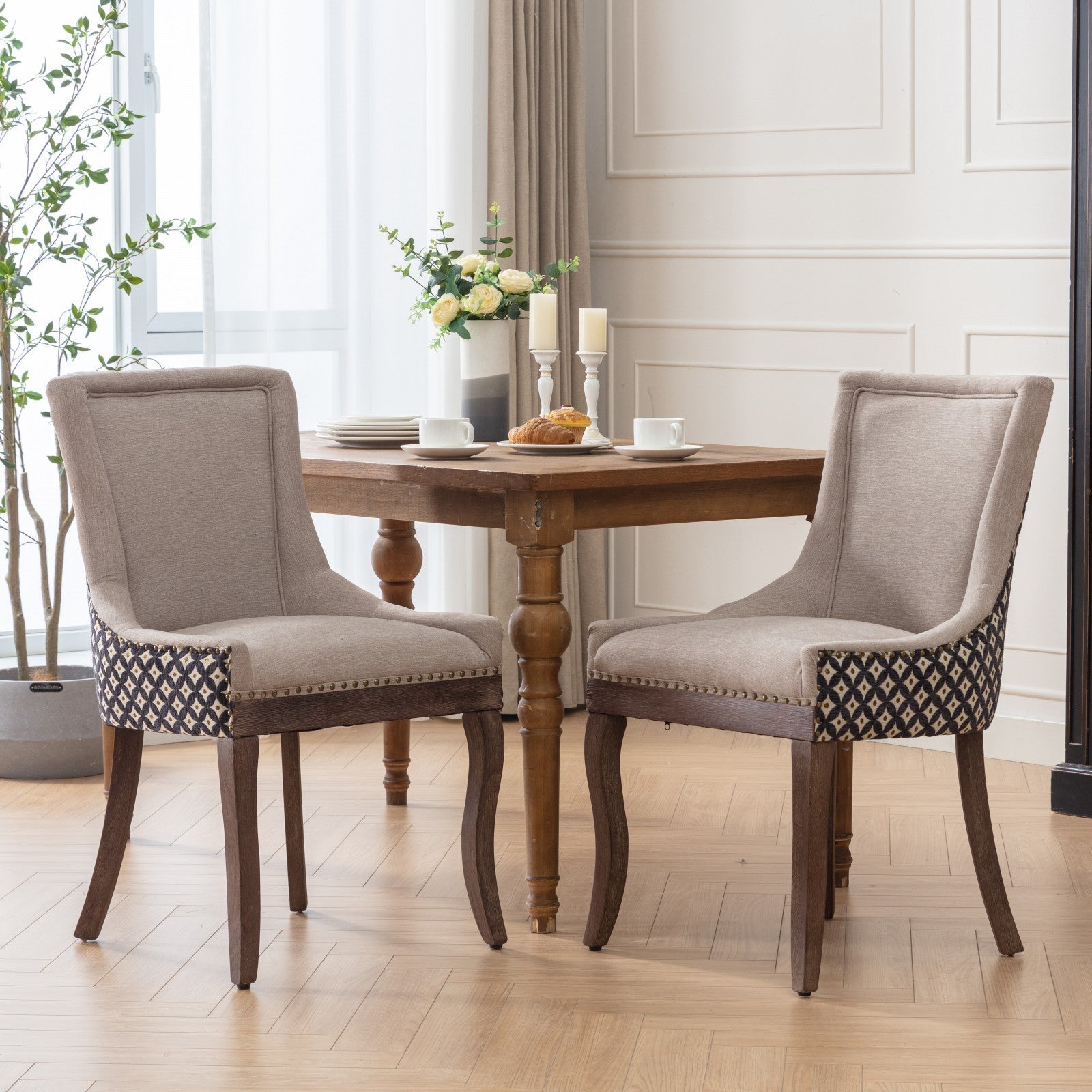 HAOYYE Ultra Side Dining Chair, Thickened fabric chairs with neutrally toned solid wood legs, Bronze nail head, Set of 2, Beige and Patterned,SW2207BG Sturdy Space-Saving Heavy Duty