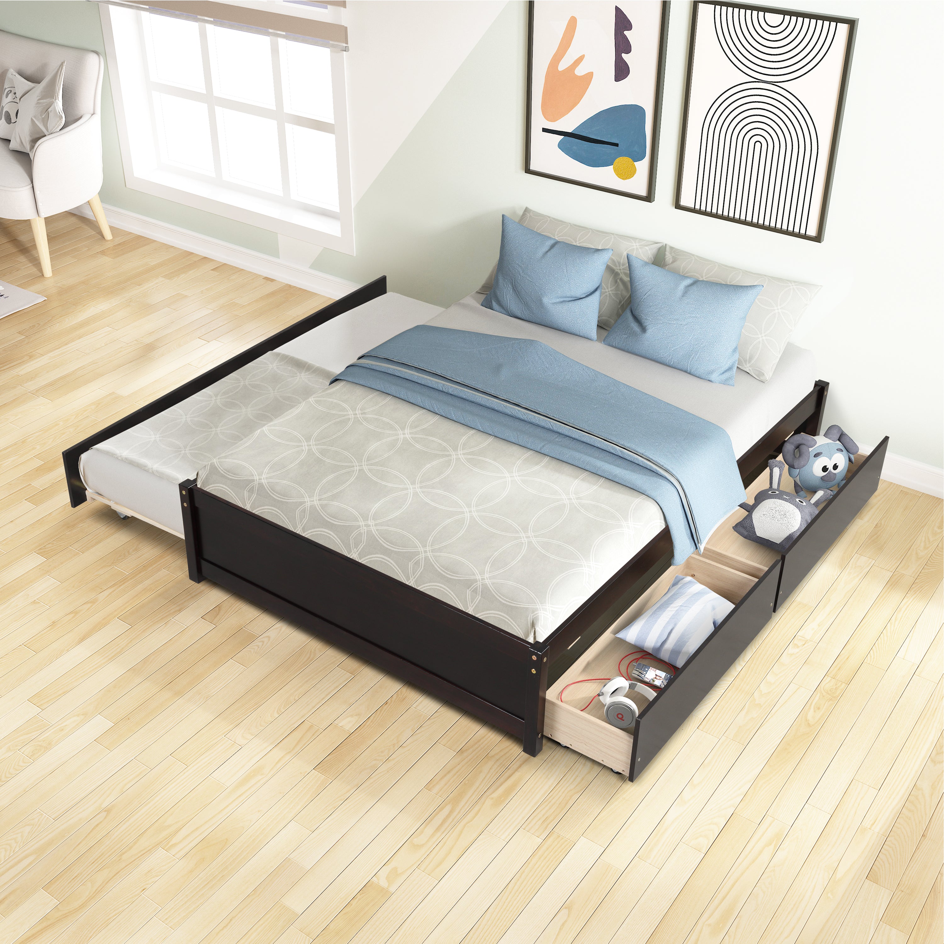 HAOYYE Full Bed With Trundle And Two Storage Drawers, Espresso Wood Platform Bed Frame, Space-Saving Heavy Duty Design, Modern Style For Bedroom Or Dorm Room, Easy Assembly