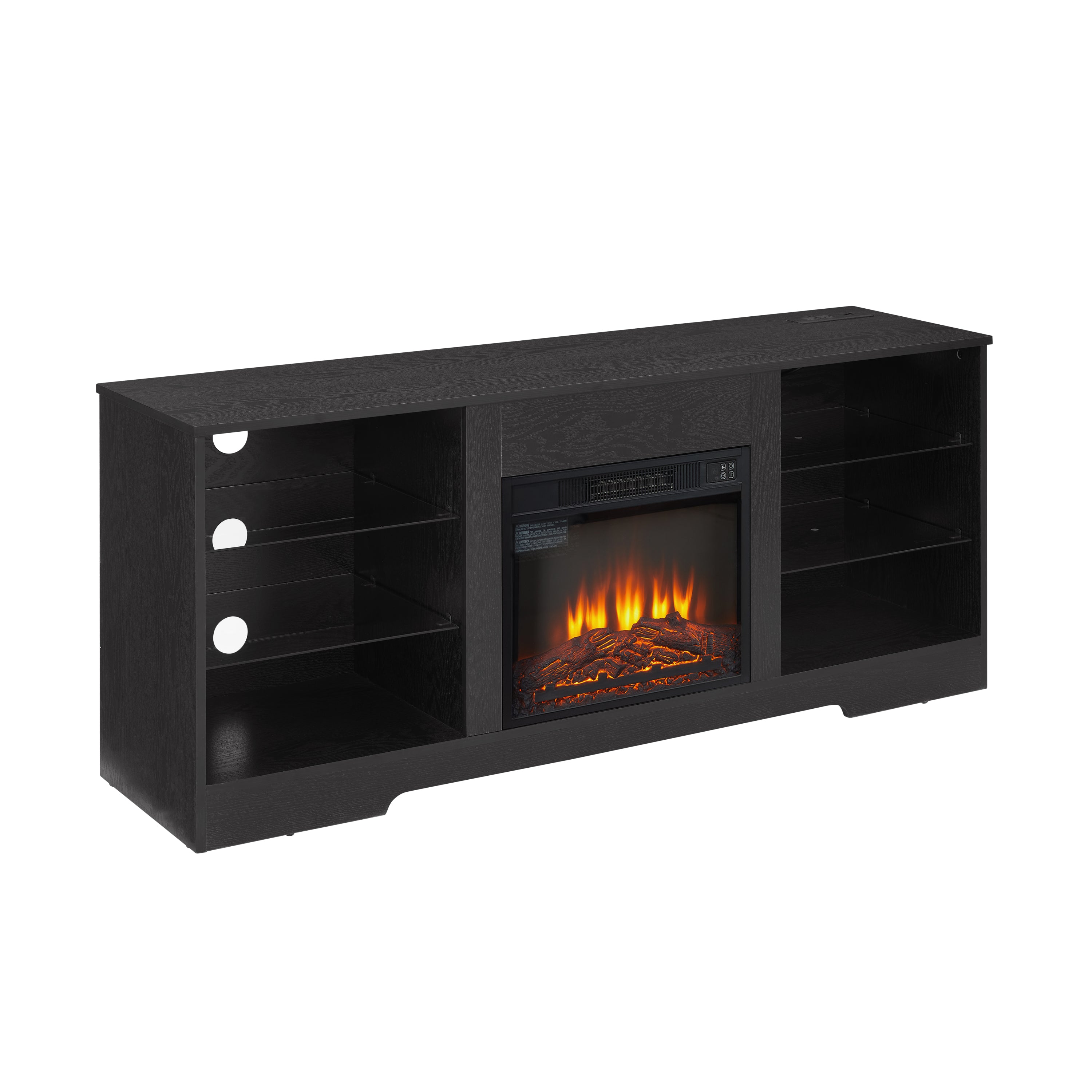 HAOYYE Modern TV Stand With Electric Fireplace, Glass Shelves, 3D Wood Design, LED Lights, And USB Charging Outlet – Entertainment Console Table For TVs From 32 To 62 Inch, Sturdy, Space-Saving Heavy Duty Media Center In Black
