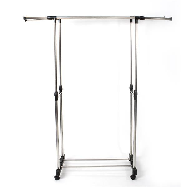 HAOYYE Dual-Bar Clothes Rack with Shoe Shelf, Adjustable Height and Width, Space-Saving Design, Modern Silver Finish, Durable and Versatile Garment Organizer for Bedroom, Entryway, Laundry Room, or Walk-In Closet
