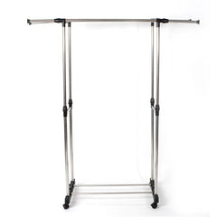 HAOYYE Dual-Bar Clothes Rack with Shoe Shelf, Adjustable Height and Width, Space-Saving Design, Modern Silver Finish, Durable and Versatile Garment Organizer for Bedroom, Entryway, Laundry Room, or Walk-In Closet