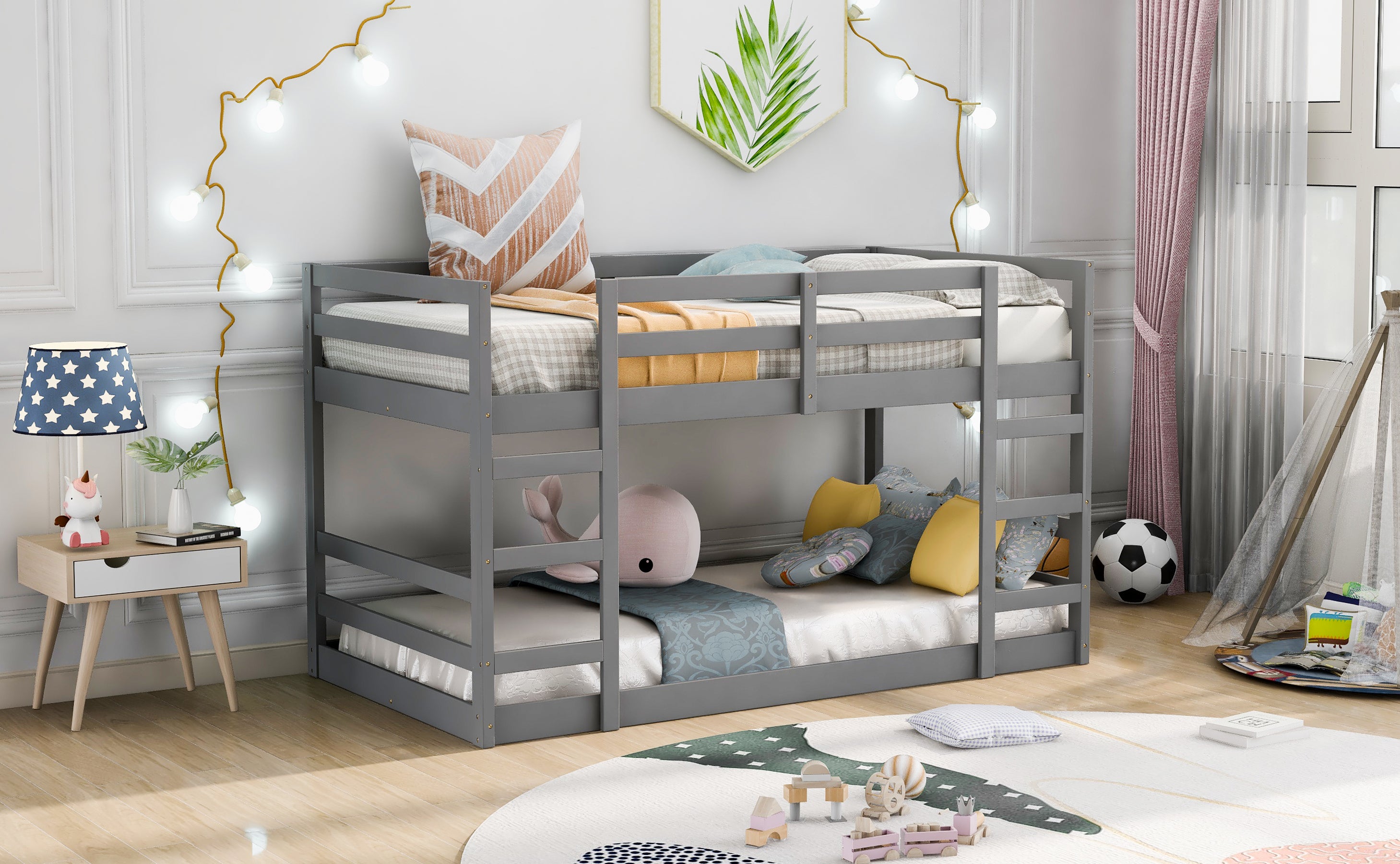 HAOYYE Twin Over Twin Bunk Bed with Ladder, Gray（OLD SKU：WF282787AAE） Sturdy Space-Saving Heavy Duty Modern Design Adults Dorm Room Easy Assembly Bedroom Furniture