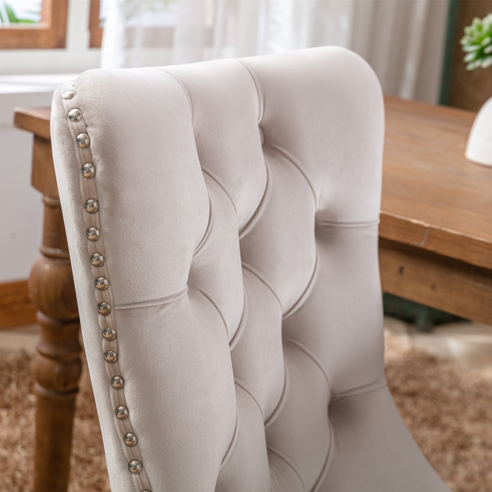 HAOYYE High-end Tufted Solid Wood Contemporary Velvet Upholstered Dining Chair with Wood Legs Nailhead Trim 2-Pcs Set,Beige, SW2001BG Sturdy Space-Saving Heavy Duty Modern Design
