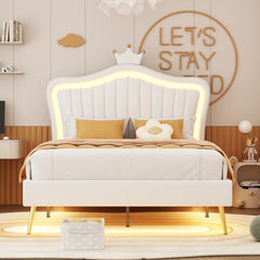 HAOYYE Full Size Upholstered Bed Frame with LED Lights,Modern Upholstered Princess Bed With Crown Headboard,White Sturdy Space-Saving Heavy Duty Modern Design Adults Dorm Room Easy Assembly