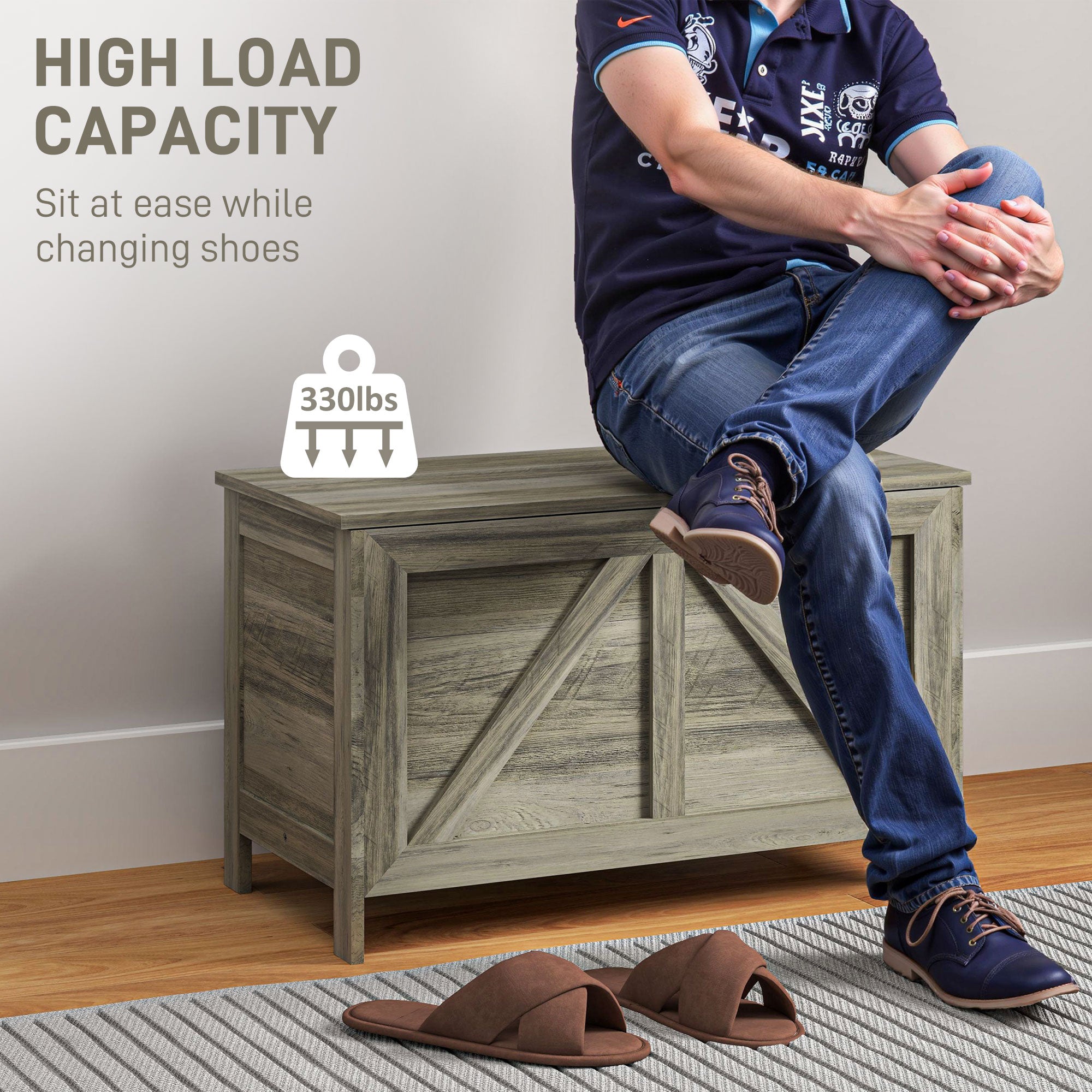 HAOYYE Gray Storage Bench with Flip-Top Lid and Safety Lift Support, Farmhouse Style Wooden Storage Chest for Entryway Bedroom Living Room, Multi-Purpose Organizer Cabinet with Strong Load Capacity and Hidden Compartment