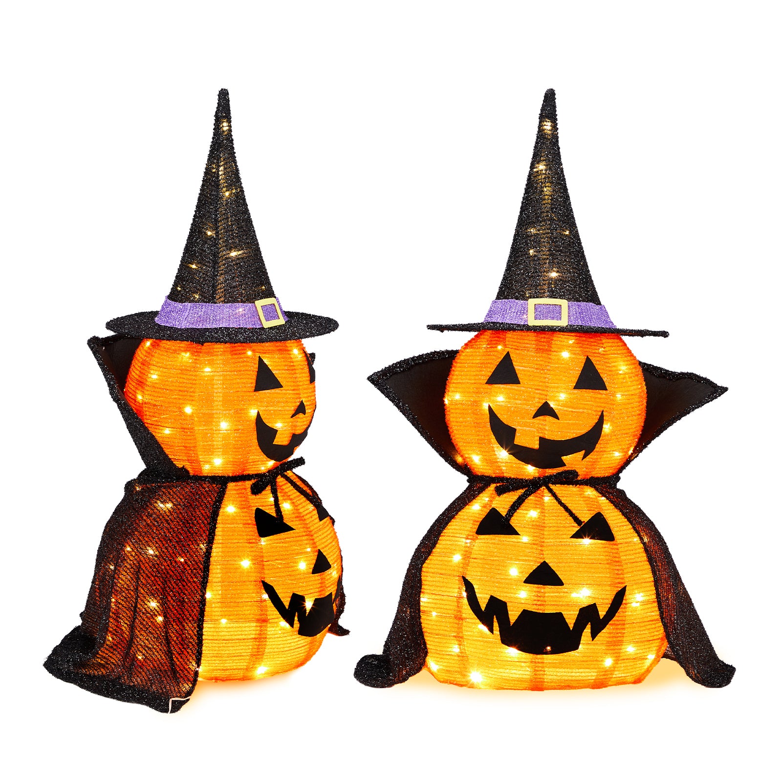 HAOYYE Black Halloween Pumpkin Decorations 2-Pack Collapsible Lighted Jack-O-Lanterns with 176 Warm LED Lights, Metal Frame Pop-Up Pumpkin Lamps with Wizard Capes for Indoor Outdoor Garden Patio Party Decor