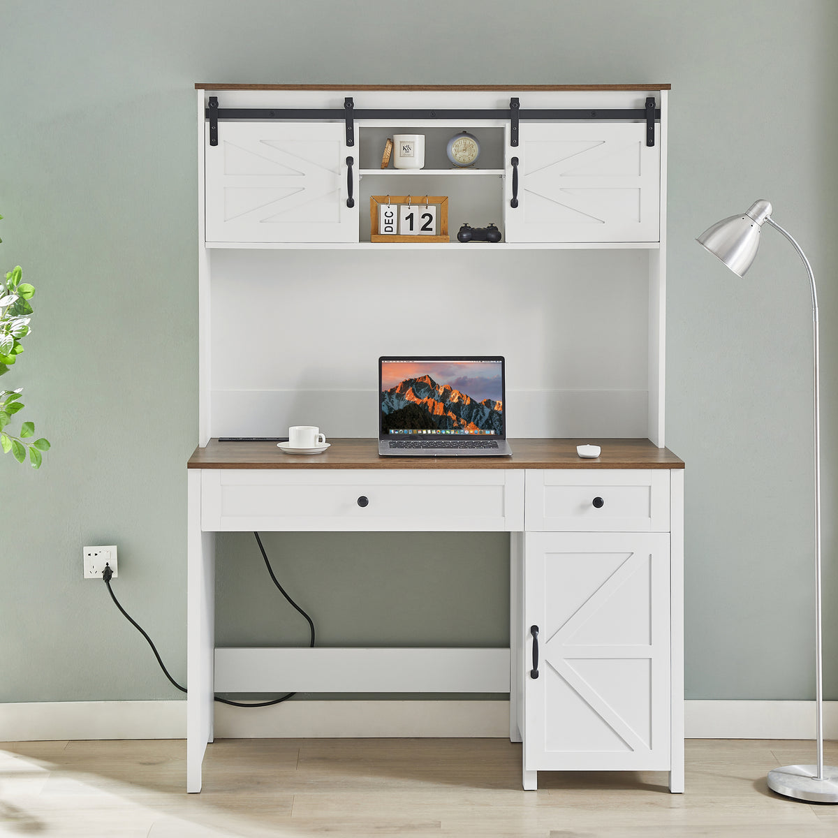 HAOYYE Farmhouse Executive Desk With Drawers, Rustic Home Office Desk With Charging Station, File Drawer, Storage Cabinet, Sturdy Space-Saving Heavy Duty Computer Writing Desk (Antique White)