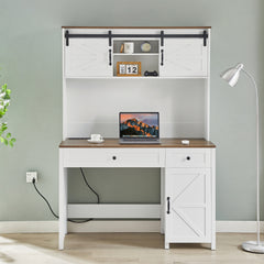 HAOYYE Farmhouse Executive Desk With Drawers, Rustic Home Office Desk With Charging Station, File Drawer, Storage Cabinet, Sturdy Space-Saving Heavy Duty Computer Writing Desk (Antique White)