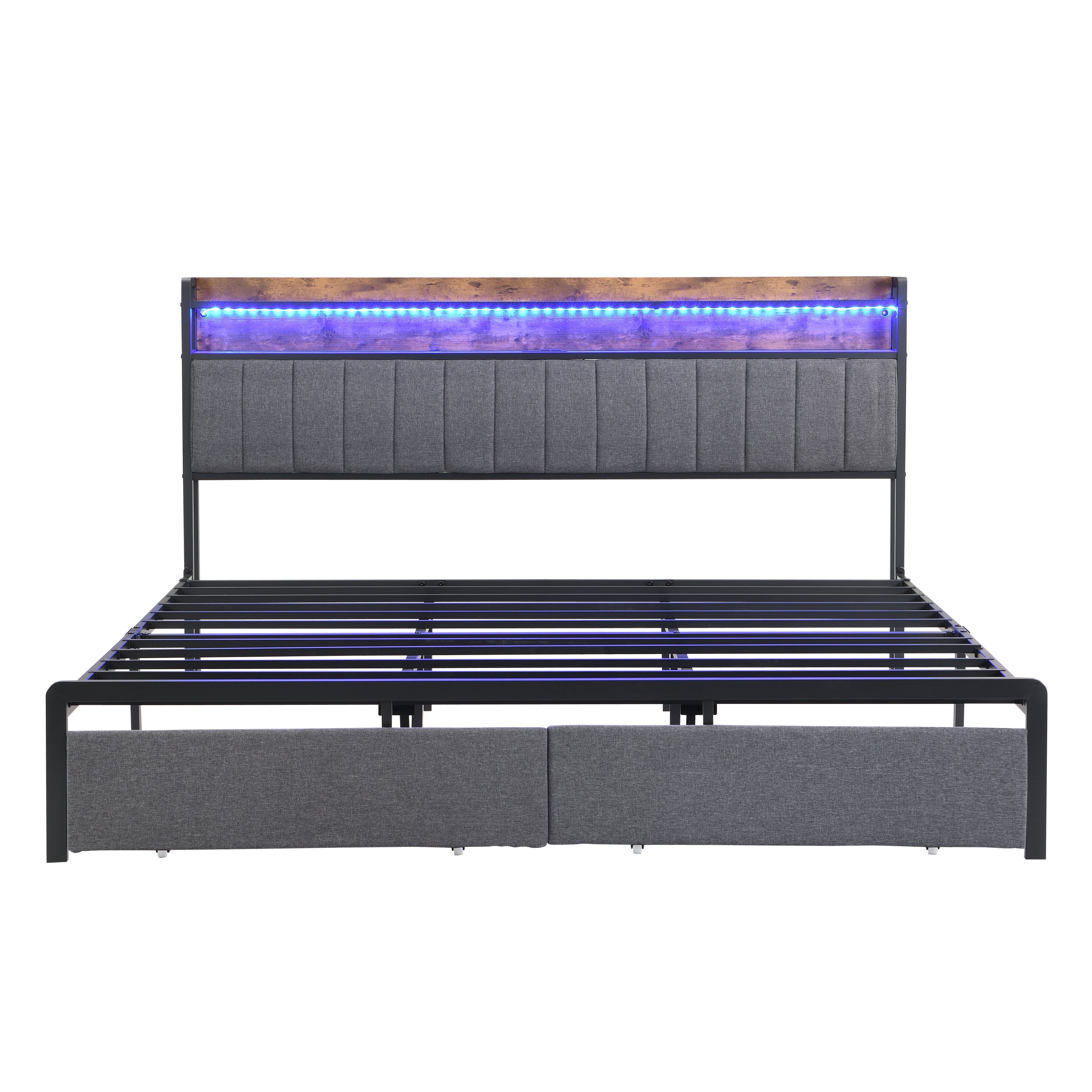 HAOYYE King Bed Frame with Storage Headboard, Drawers, LED Lighting, and Built-in Charging Station, Modern Upholstered Platform Design, Sturdy Space-Saving Grey Construction, No Box Spring Needed, Easy Assembly