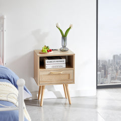 HAOYYE Rattan End Table with Power Outlet & USB Ports, Modern Nightstand with Drawer and Solid Wood Legs, Natural, Sturdy Space-Saving Design, Heavy Duty Construction, Stylish and Durable Home Furniture for Living Room or Bedroom