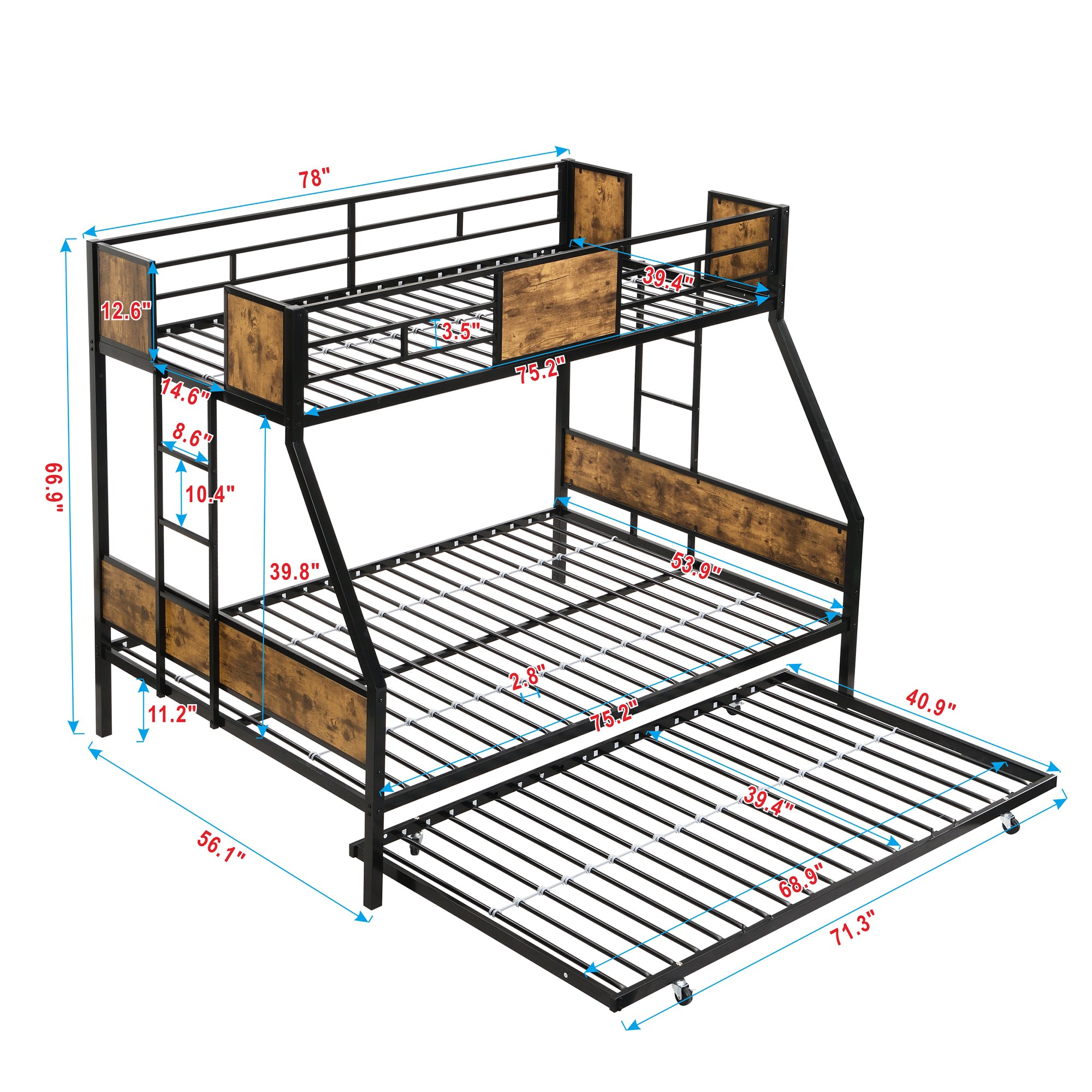 HAOYYE Twin Over FULL Metal Bunk Bed with Trundle 2 - Side Ladder and Full-Length Guardrail, No Box Spring Needed, Large Under Bed Storage, Easy Assemble , Black & Brown Sturdy Space-Saving Heavy Duty