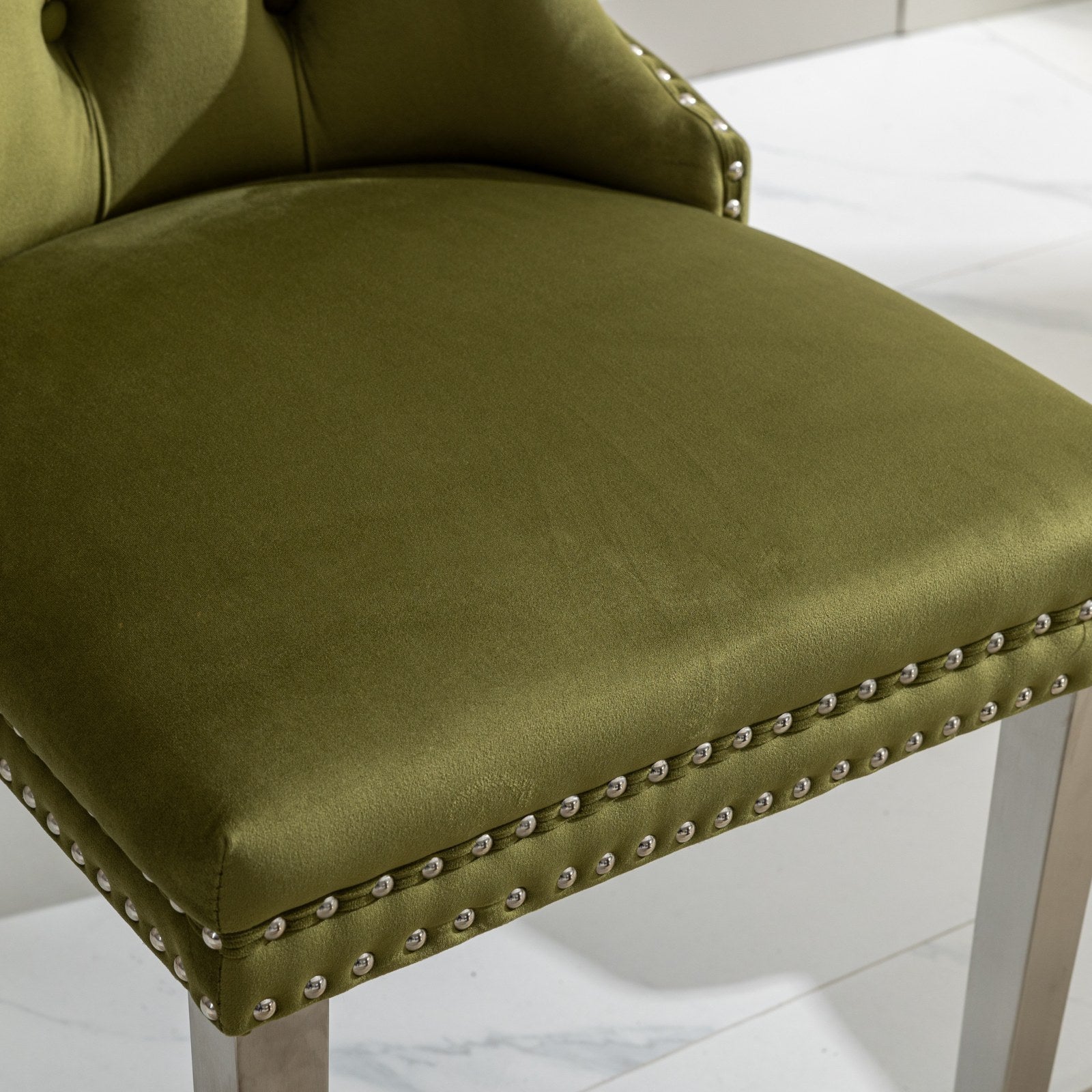 HAOYYE High-end Tufted Solid Wood Contemporary Velvet Upholstered Dining Chair with Chrome Stainless Steel Plating Legs,Nailhead Trim,Set of 2,Olive-Green and Chrome, SW1701OL Sturdy