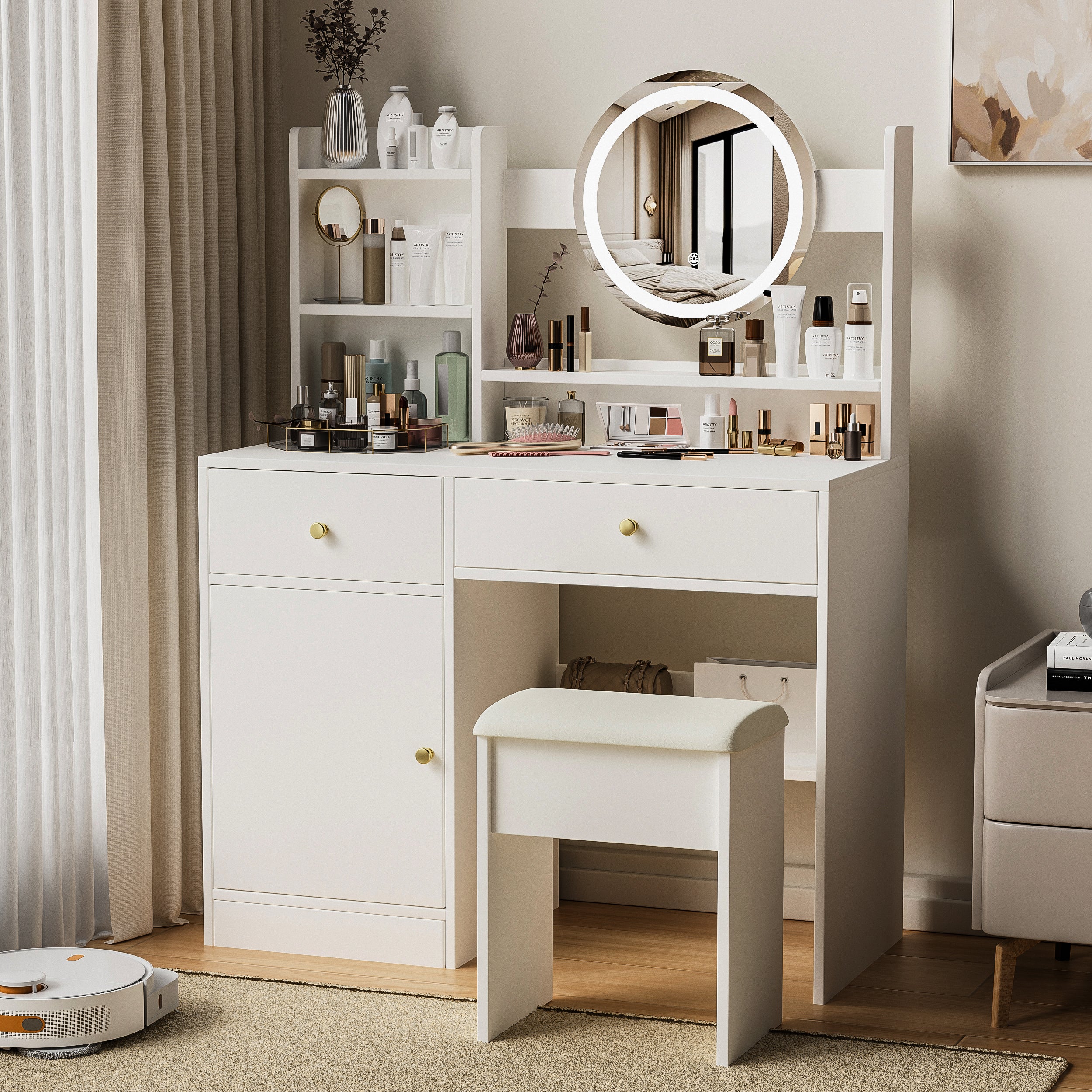 HAOYYE Fashion Vanity Desk with Mirror and Lights for Makeup and Cushioned Chair, Vanity Mirror with Lights and Table Set with 3 Color Lighting Brightness Adjustable,Dressing table, White Color Sturdy