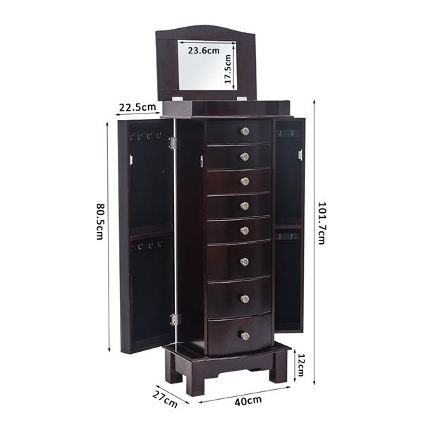 HAOYYE Jewelry Armoire with Mirror, 8 Drawers and 16 Necklace Hooks, 2 Side Swing Doors, Brown, Soft Cozy Warm Flannel Fleece Home Decor, Luxury Comfortable Unique Design, Premium Quality Decorative Storage Cabinet for Jewelry and Accessories