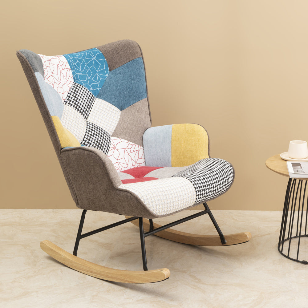 Haoyye Mid-Century Modern Rocking Chair with Patchwork Linen Upholstery, Fabric Accent Rocker with Wood Legs and High Backrest, Comfortable Retro Armchair for Living Room, Bedroom or Lounge, Sturdy Space-Saving Easy Assembly Design