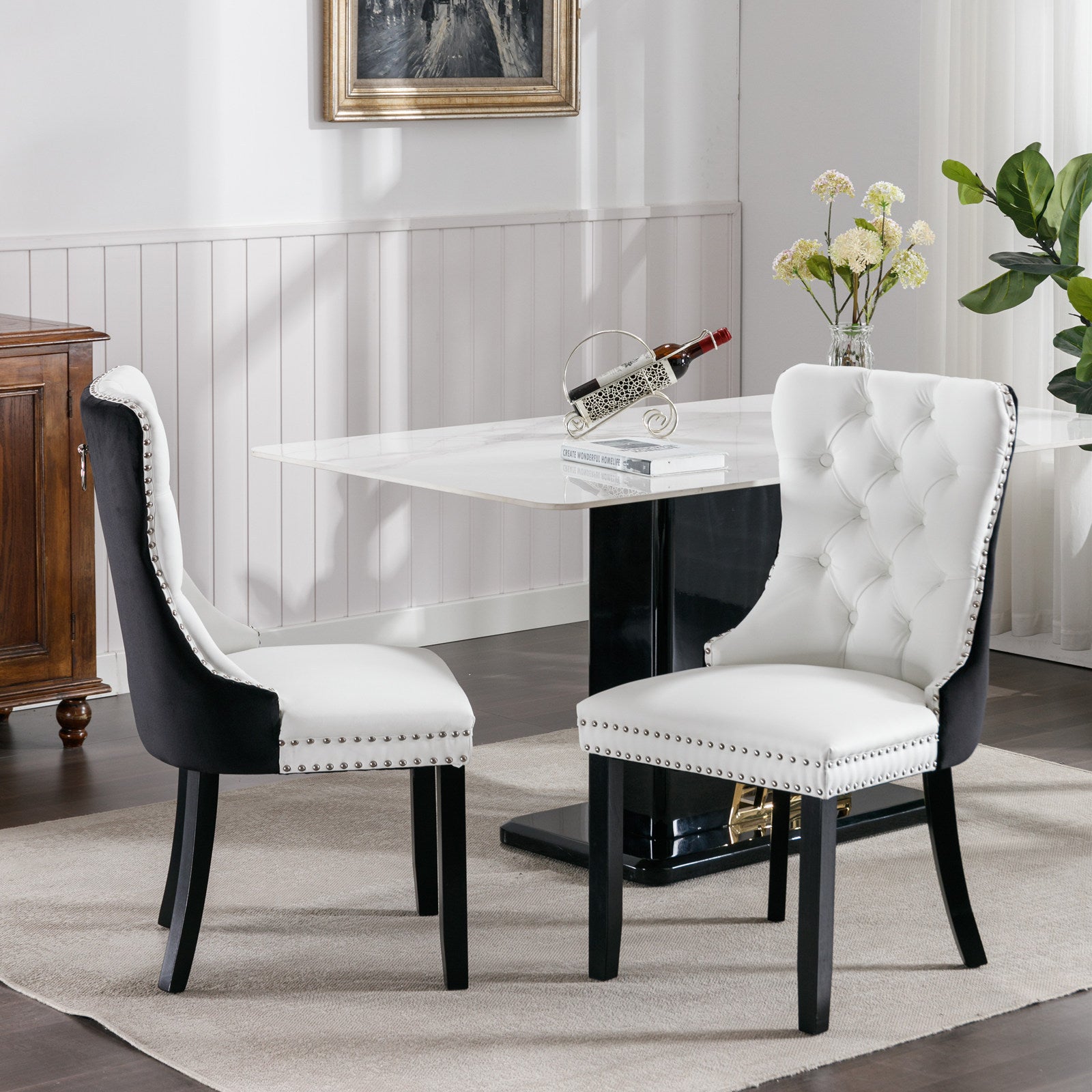 HAOYYE Nikki Collection Modern,High-end Tufted Solid Wood Contemporary PU and Velvet Upholstered Dining Chair with Wood Legs Nailhead Trim 2 Pcs Set,White+Black, SW2101WB Sturdy Space-Saving