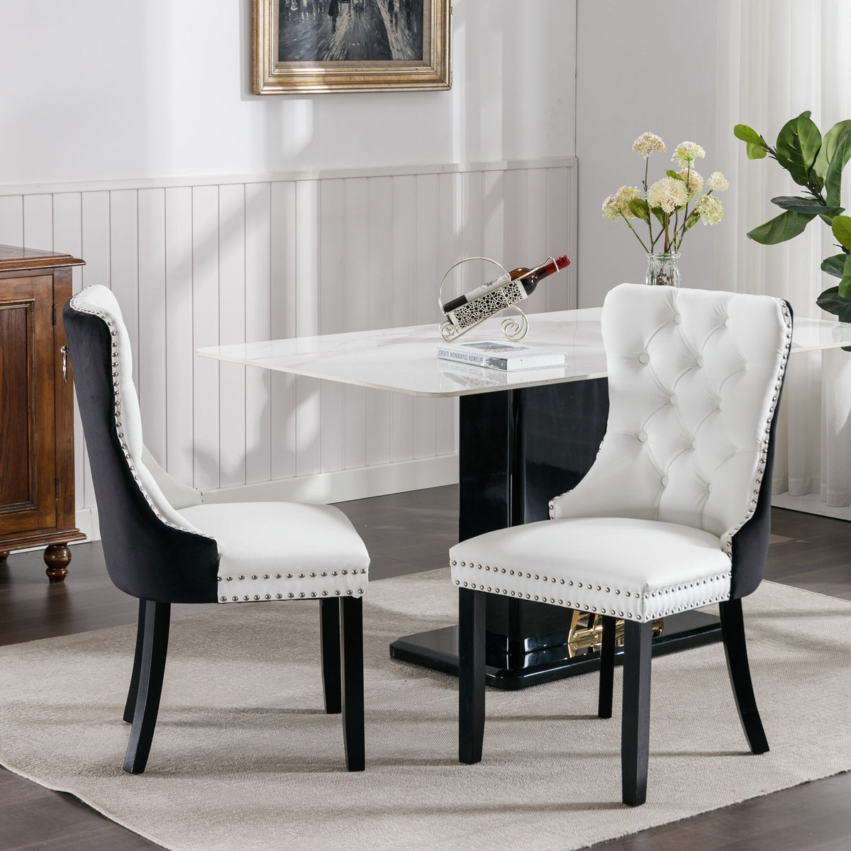 HAOYYE Nikki Collection Modern,High-end Tufted Solid Wood Contemporary PU and Velvet Upholstered Dining Chair with Wood Legs Nailhead Trim 2 Pcs Set,White+Black, SW2101WB Sturdy Space-Saving