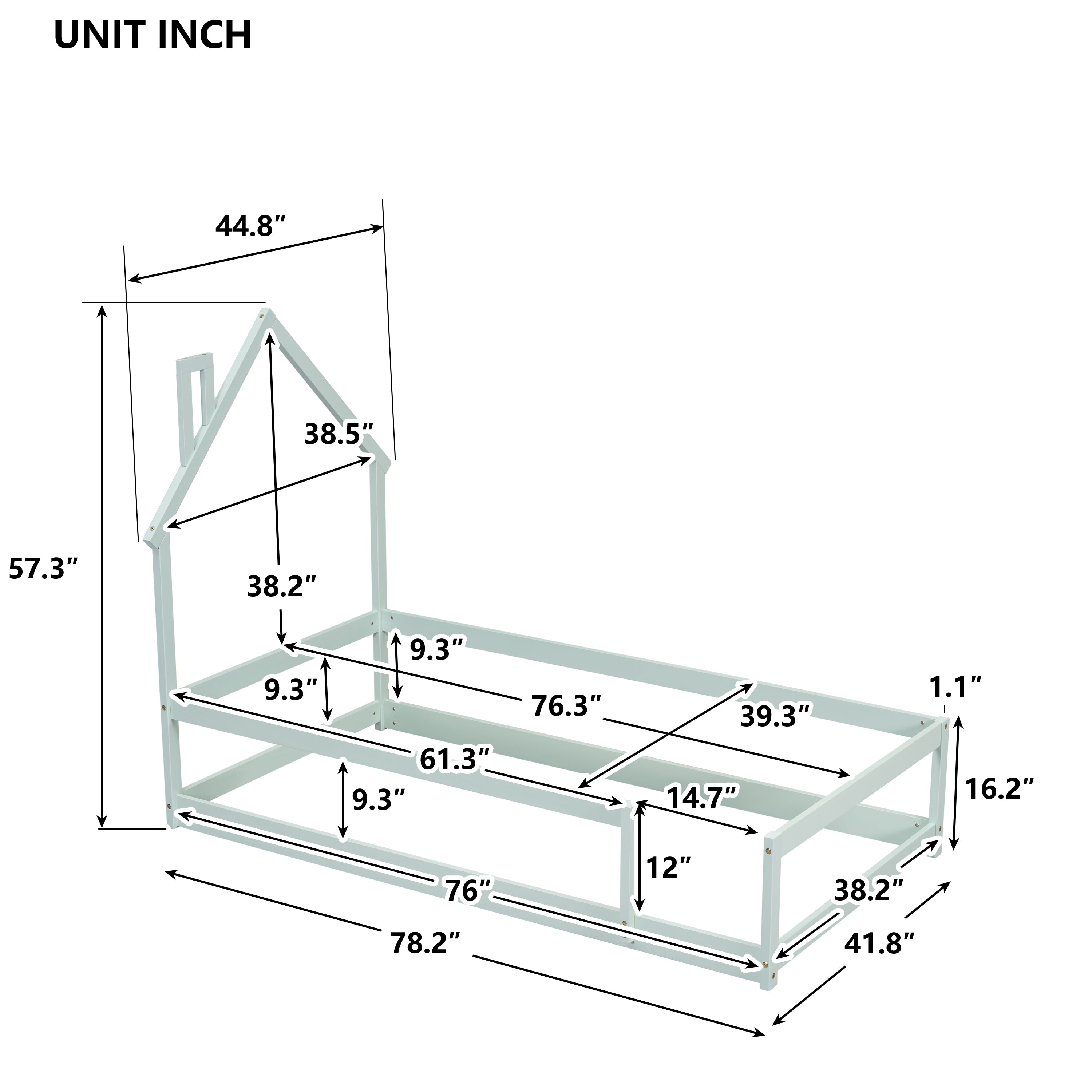 HAOYYE Twin Size Wood Bed with House-Shaped Headboard, Floor Bed with Fences,Sturdy Space-Saving Heavy Duty Modern Design, Easy Assembly for Bedroom or Dorm Room