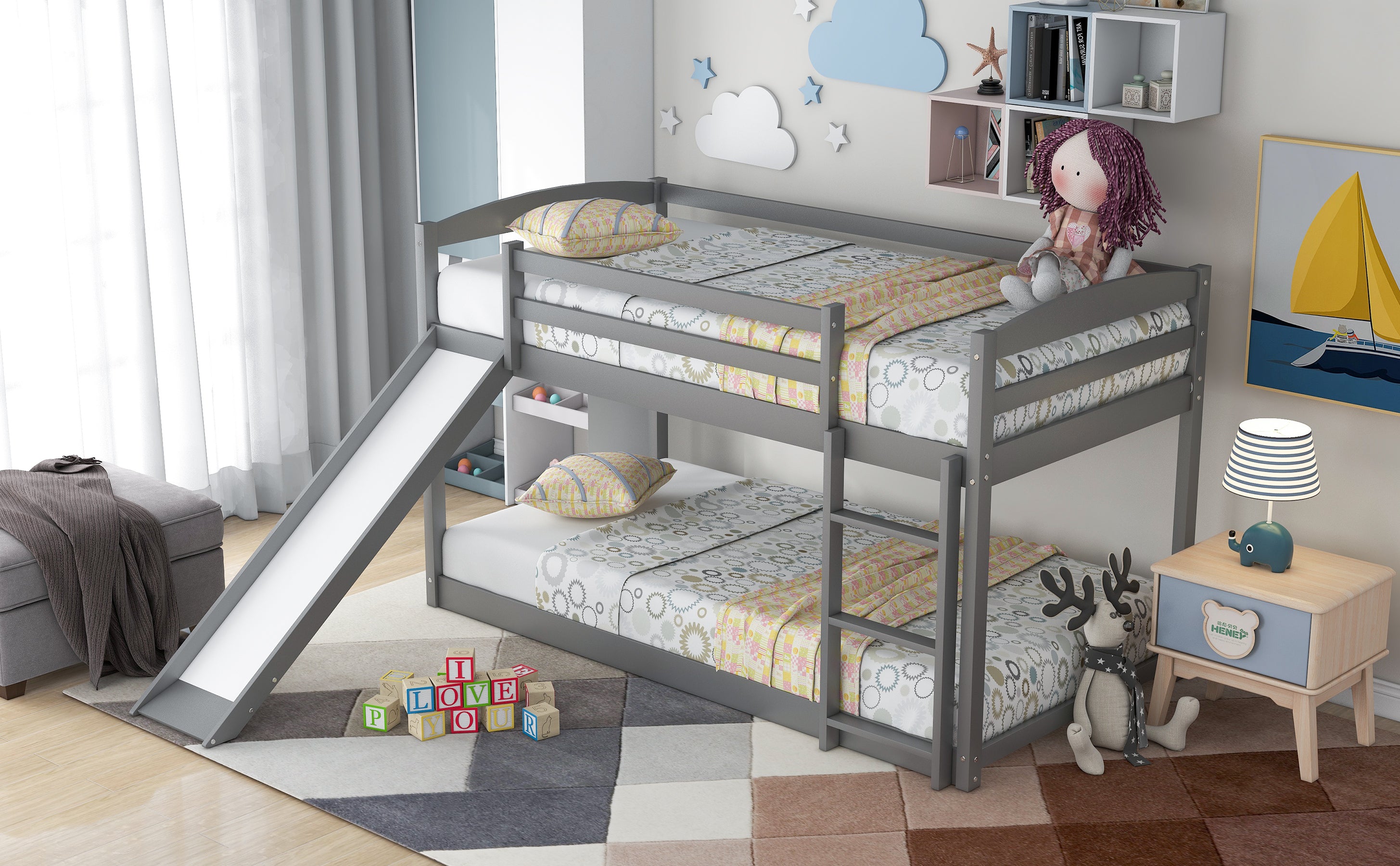 HAOYYE Twin over Twin Bunk Bed with Convertible Slide and Ladder , Gray(Old SKU:WF281725AAE) Sturdy Space-Saving Heavy Duty Modern Design Adults Dorm Room Easy Assembly Bedroom Furniture