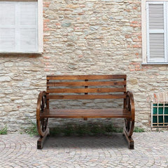 HAOYYE Rustic 2-Person Wooden Wagon Wheel Bench with Slatted Seat and Backrest, Durable Outdoor Bench for Patio, Garden, or Backyard, Comfortable and Stylish, Perfect for Relaxing and Enjoying the Outdoors
