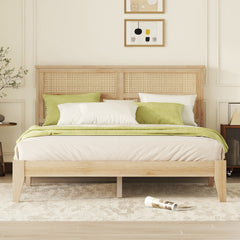 HAOYYE Queen Size Rubber Wooden, Solid Wooden Bed with Rattan Headboard, Enhanced by Support Feet,Oak White Sturdy Space-Saving Heavy Duty Modern Design Adults Dorm Room Easy Assembly Bedroom Furniture