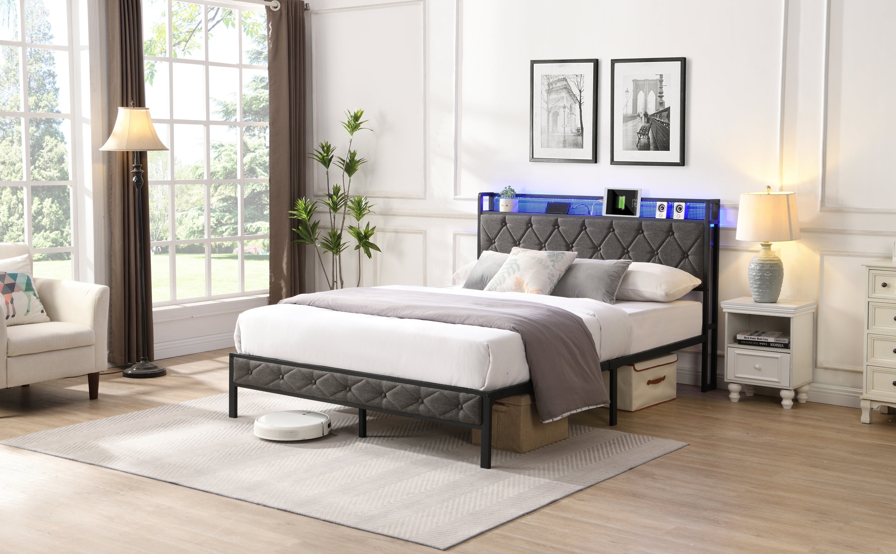 HAOYYE Full Bed Frame with Storage Headboard, Charging Station and LED Lights, Upholstered Platform Bed with Heavy Metal Slats, No Box Spring Needed, Noise Free, Easy Assembly, Dark Gray Sturdy Space-Saving