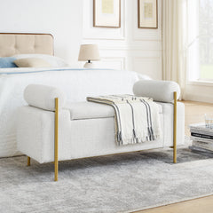 HAOYYE Elegant Upholstered Linen Storage Bench with Cylindrical Arms and Iron Legs for Hallway Living Room Bedroom, White Sturdy Space-Saving Heavy Duty Modern Design Adults Dorm Room Easy Assembly