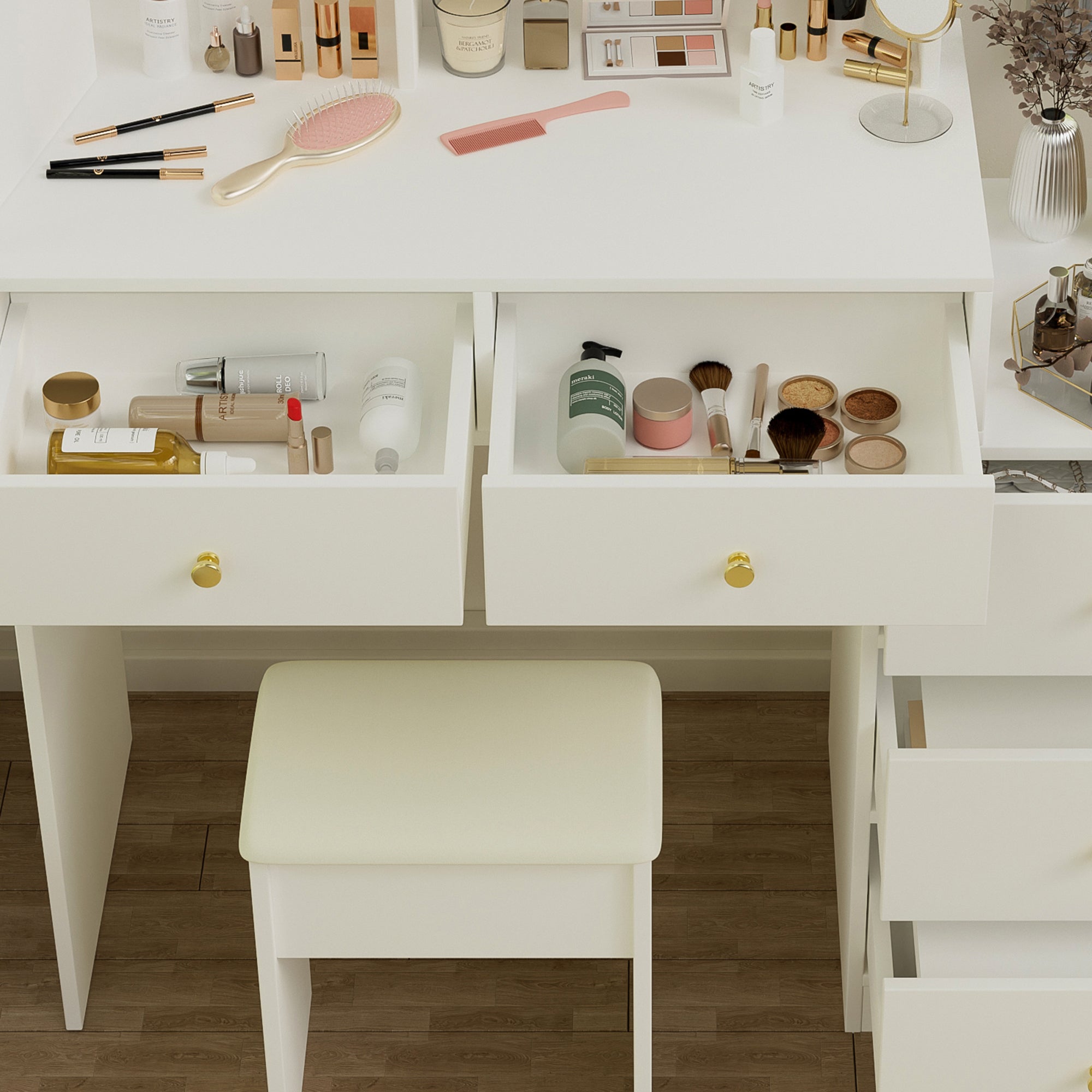 HAOYYE Fashion Vanity Desk with Mirror and Lights for Makeup and Cushioned Chair, Vanity Mirror with Lights and Table Set with 3 Color Lighting Brightness Adjustable,Dressing table, White Color Sturdy